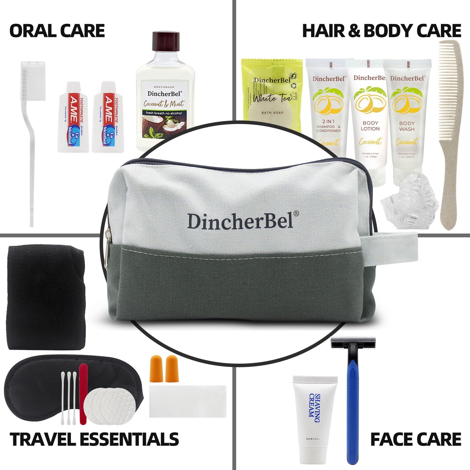 Travel Toiletry Kit, Hygiene Essential Kit for Travel, Business & Charity, 14-Piece Mini Toiletry Reusable Toiletry Zippered Bag