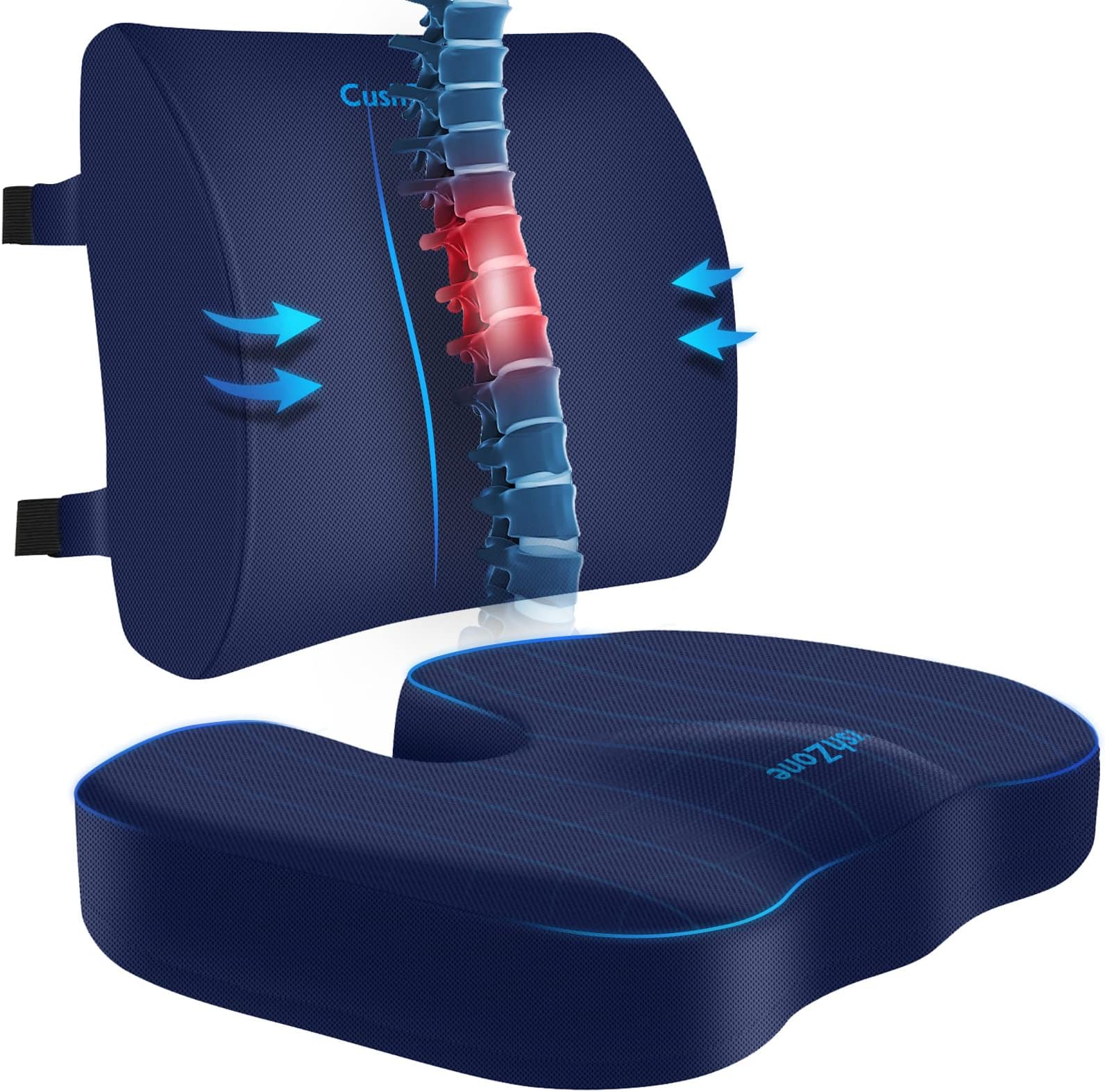 CushZone Seat Cushion, Lumbar Support Pillow with Adjustable Strap-Chair Cushions for Sciatica Pain Relief-with Washable Cover Memory Foam for Car, Travel and Wheelchair-Blue