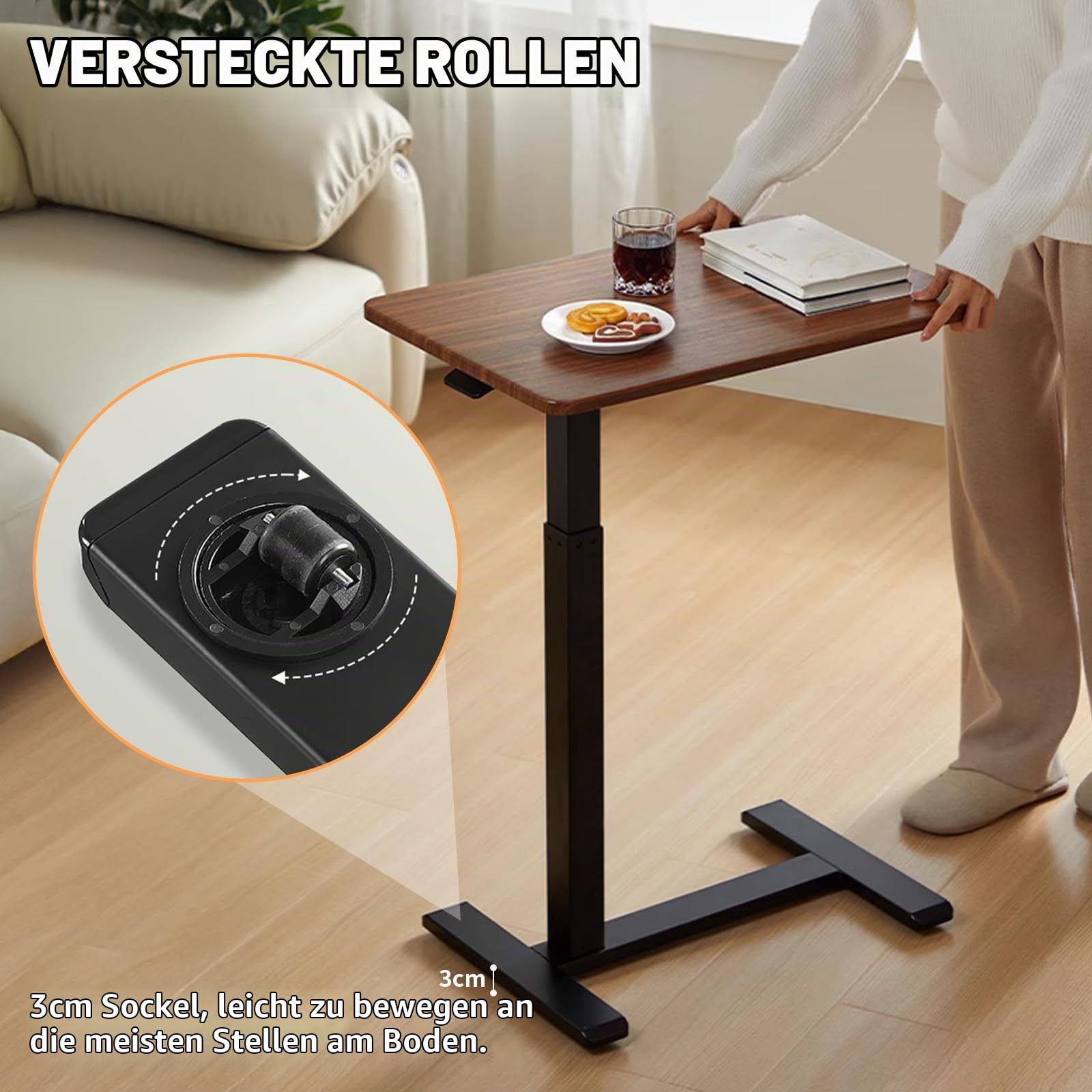Stehpult Höhenverstellbarer Stehtisch mit 4 Rollen - Mobiler Stufenlos Höhenverstellbarer Beistelltisch, Verstellbarer Pneumatischer Betttisch für Couch, Bett, Kinderzimmer Krankenhaus und Homeoffice