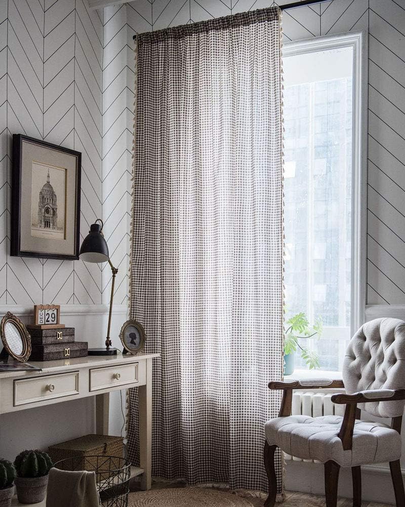 vctops Farmhouse Buffalo Check Cotton Linen Window Curtain Panel Tassels Room Darkening Curtain Panel for Living Room Bedroom, 1 Piece (59"x94",Coffee)