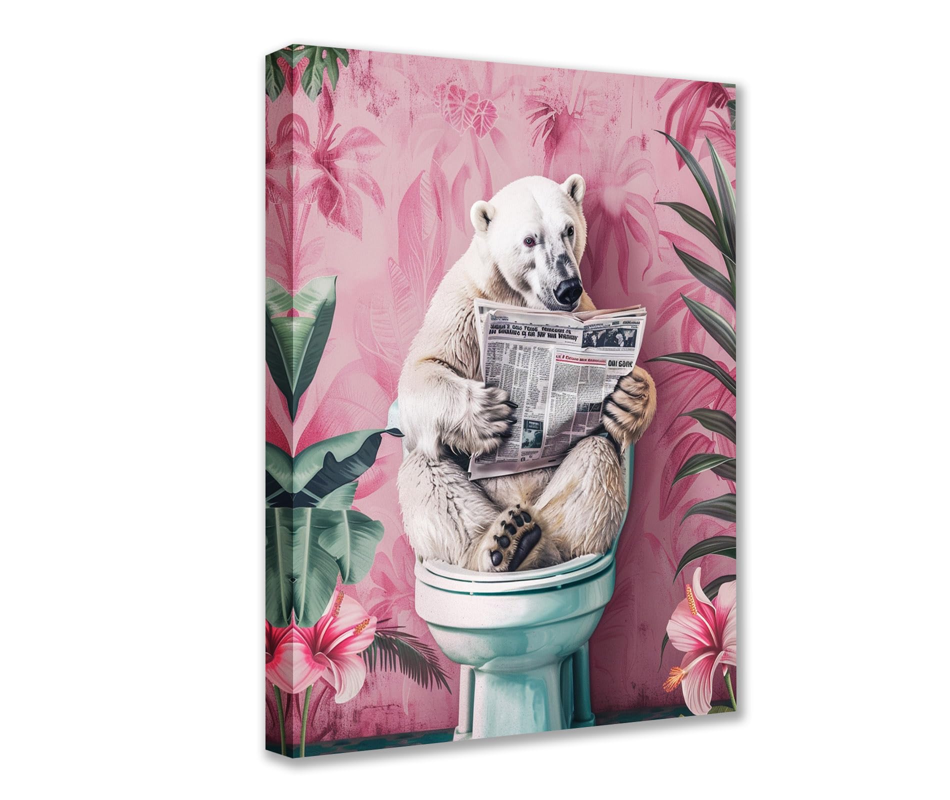 Funny Polar Bear on Toilet Canvas Wall Art Animal Read Newspaper Picture 1P Tropical Plant Posters Prints Cute Modern Artwork for Living Room Bedroom Home Decor Framed Gallery-Wrapped Ready to Hang