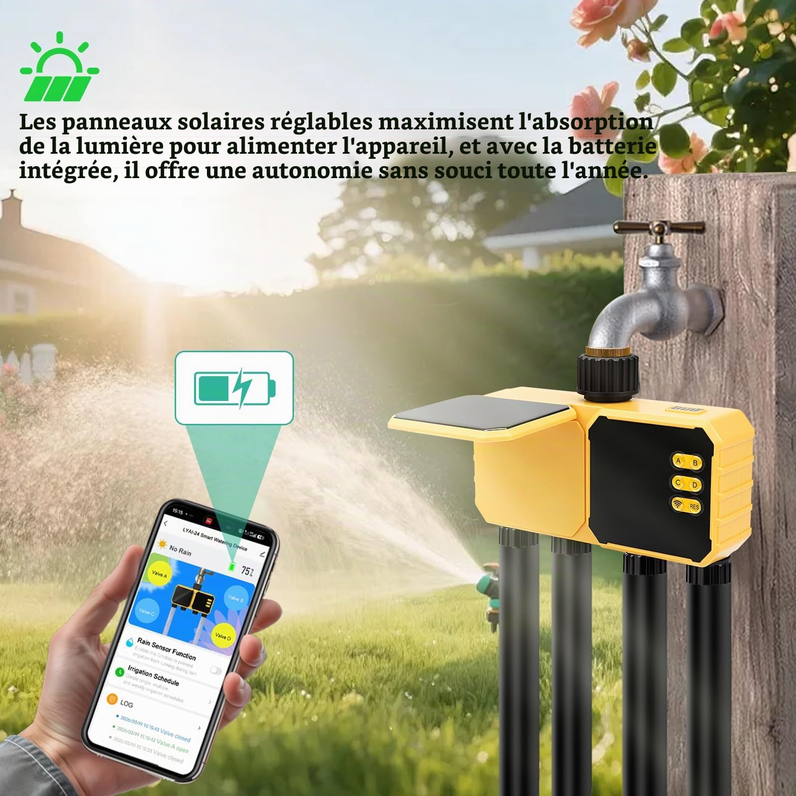 Nikou Programmateur Arrosage Automatique WiFi 4 Voies, Ordinateur d'irrigation Minuteur Arrosage Solaire avec Retard de Pluie, Compatible avec APP et Alexa, pour Jardin, Pelouse