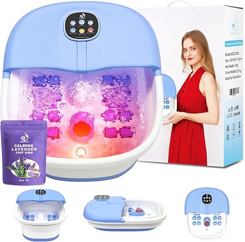 Masajeador de baño de spa para pies con burbujas de calor y masaje por vibración y chorros, 16 onzas de sal de Epsom calmante de lavanda, cubo de