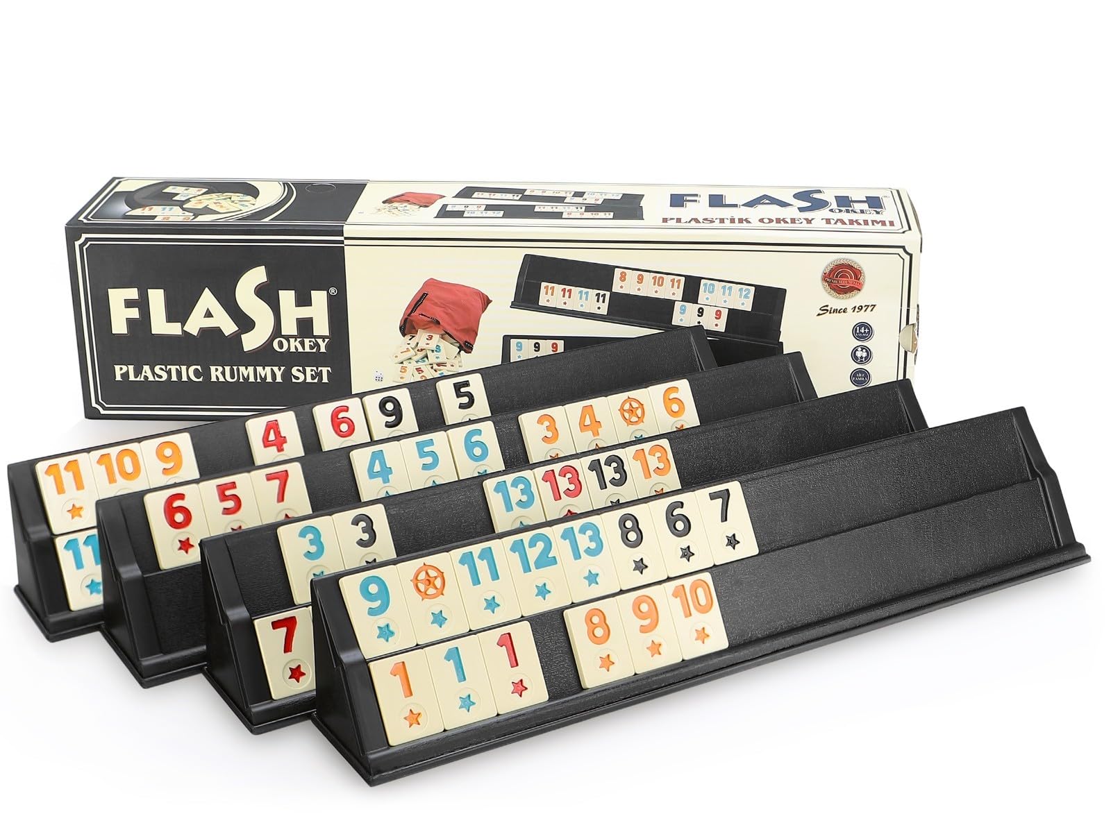 Semus Flash Black Okey/Rummy – PVC Steinleger, Melamin Spielsteine Mattiert, Mit 4 Steinaufstellern, Würfel & Stoffbeutel