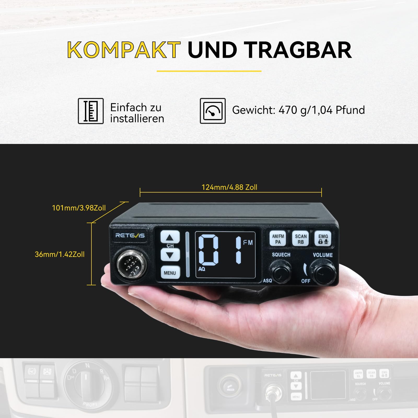 Retevis MB63 CB Funkgerät mit Antenne, CB Funk mit AM/FM 40 Kanäle