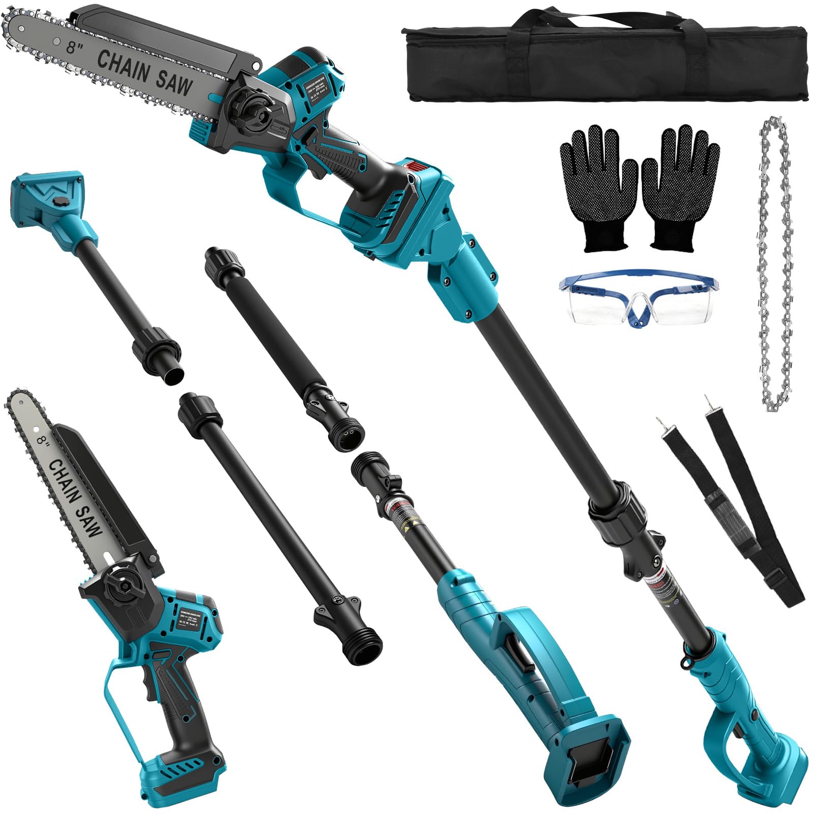 2-en-1 8 Pulgadas Mini Motosierra telescopico a bateria de Pértiga Inalámbrica para Makita 18 V (sin baterías), sierra sin Escobillas con telescópica para Exterior, Extensible hasta 4,5 m | (sin baterías) 2-en-1 de Pértiga Inalámbrica sierra sin Escobilla