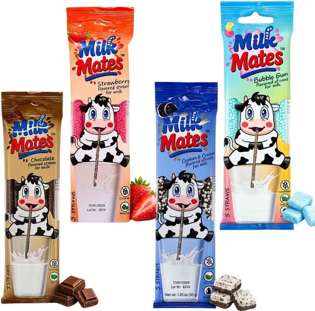 20 Milky Sip Flavored Straws for Milk - 4 Packs of Milk Flavoring Straws, 5 Each Chocolate, Strawberry, Cotton Candy, Cookies & Cream. Magical Flavor Makes Children Eager and Love to Drink Milk