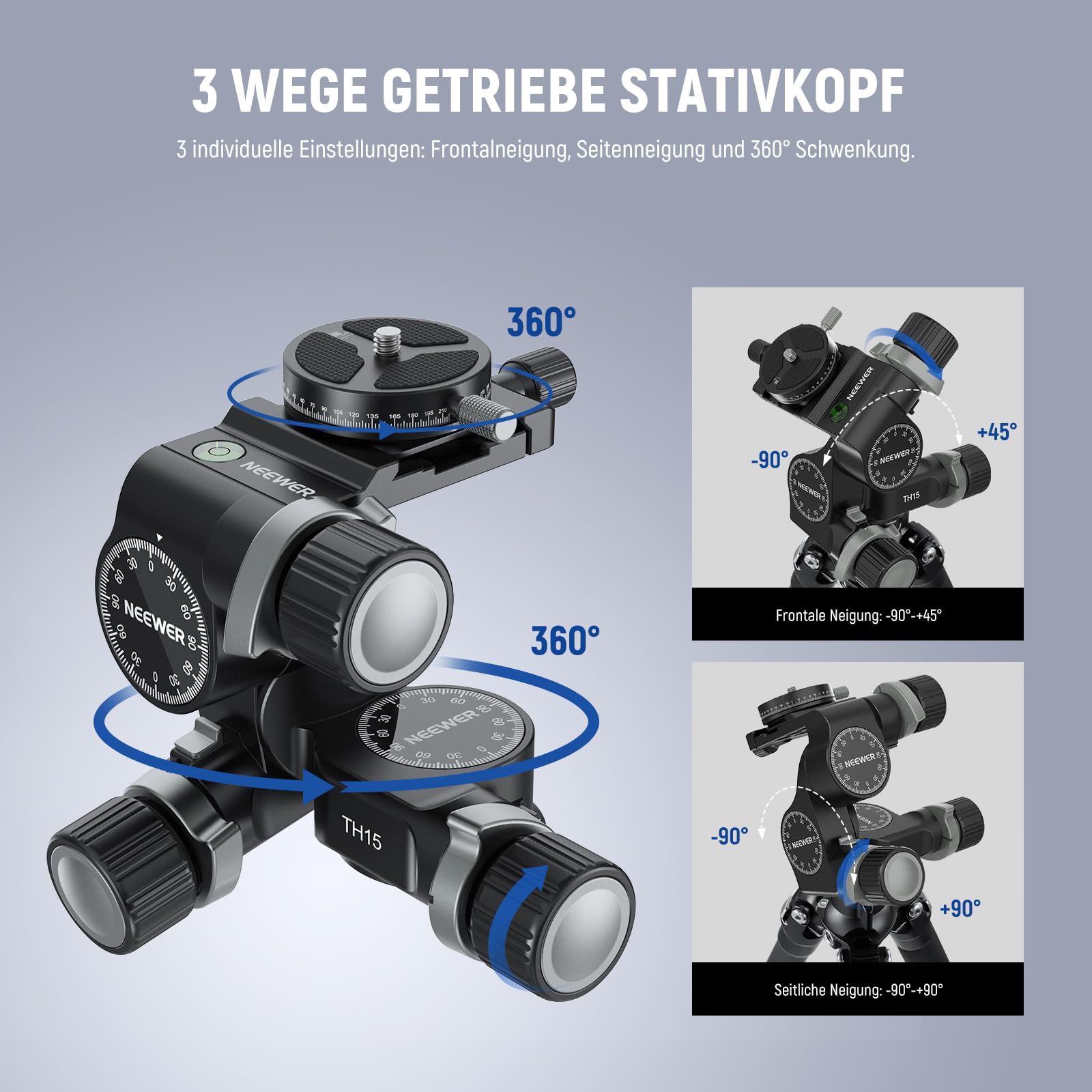 NEEWER TH15 3 Wege Stativkopf mit Getriebe, 3 Achsen Schwenk Neigekopf aus Alu. mit Grob und Feineinstellung, 360°Pan Arca Schnellwechselplatte Millimeter Feineinstellung Reinigungstuch max. Last 6kg