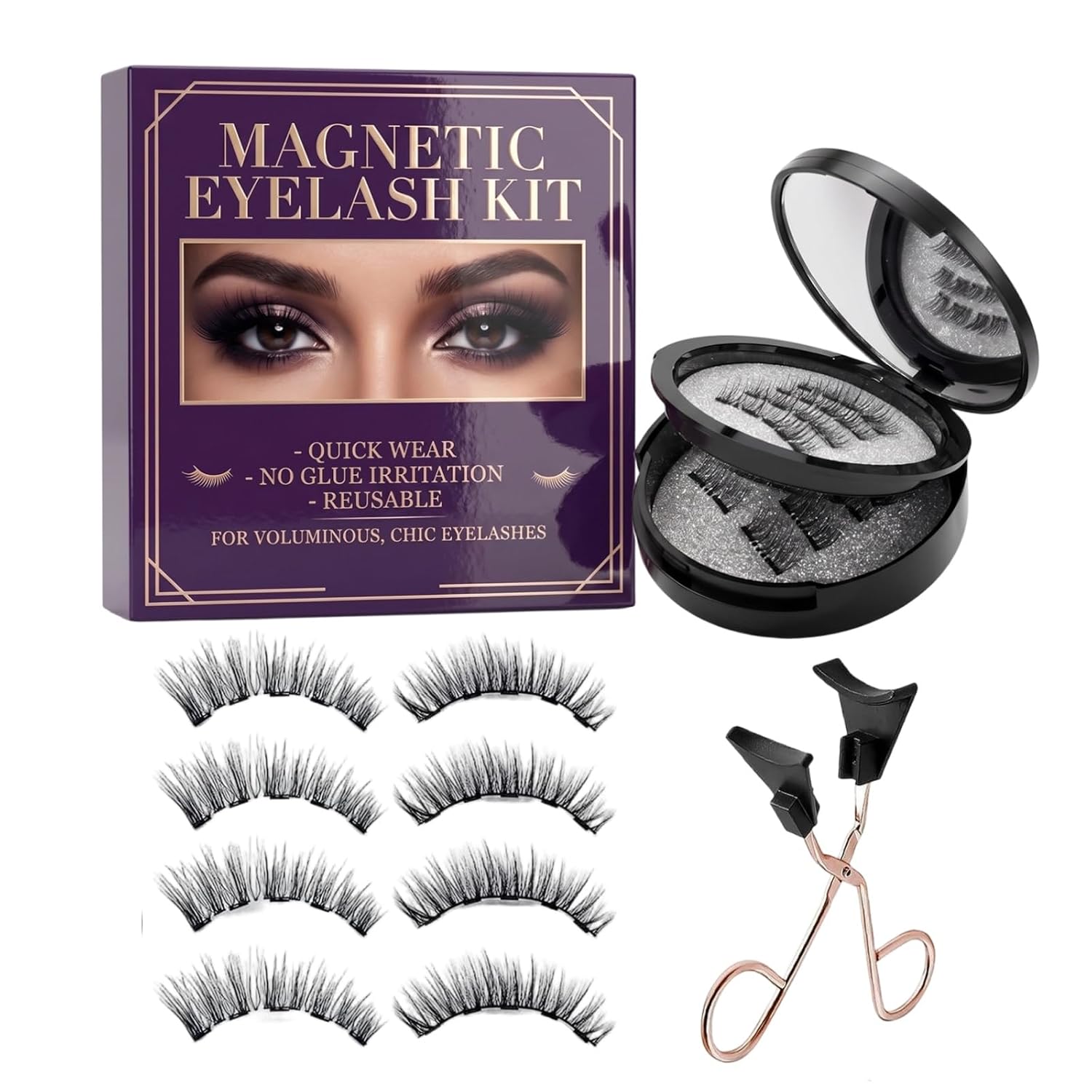 Magnetic Eyelashes, Natural Look Magnetic Eyelashes with Applicator, Reusable No Glue Needed Half Lashes for Daily Makeup & Professional Events