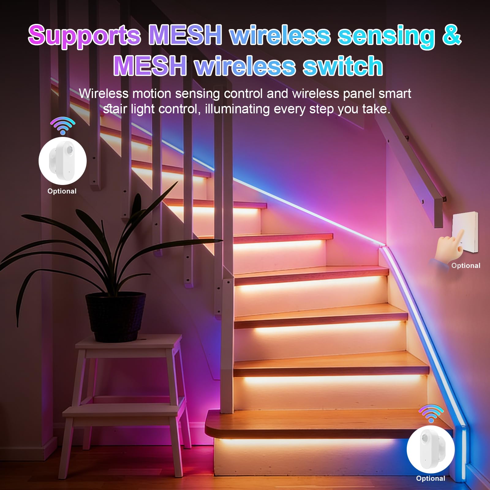 Tuya Contrôleur d'éclairage d'escalier avec détecteur de mouvement, commande LED à 32 niveaux, application Bluetooth compatible avec Alexa Google Home, lumière de course SPI RVB et bande LED 12 V 24 V