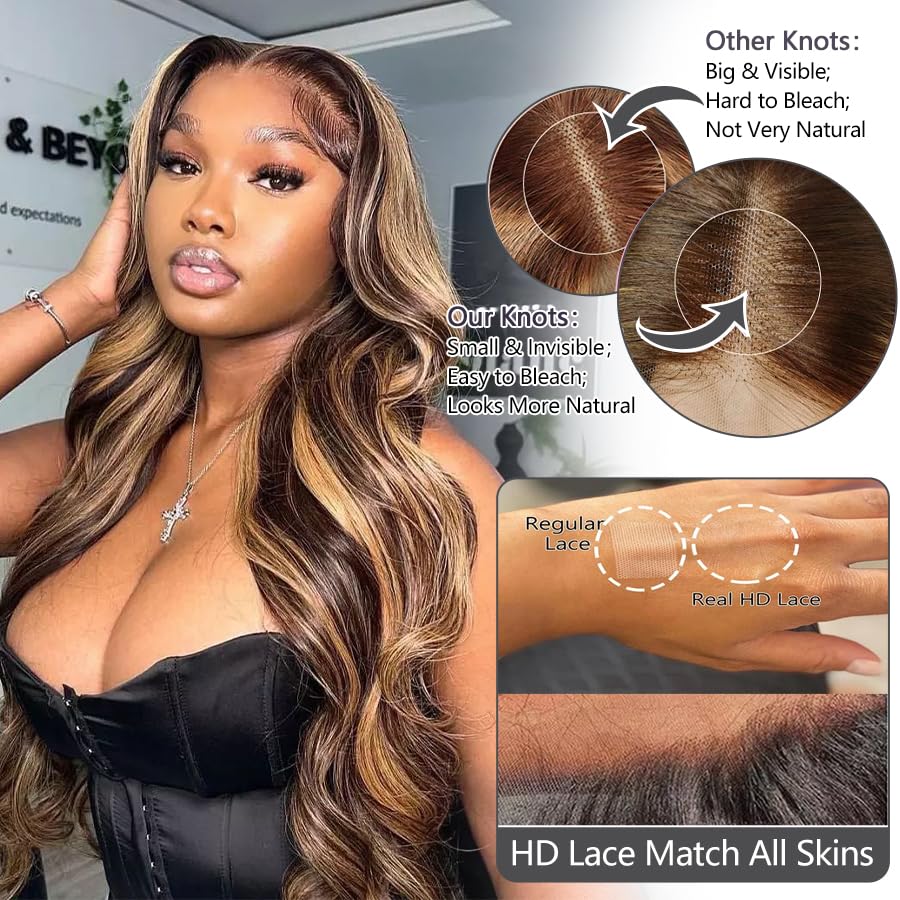 Miniatura 4 de Wear and Go - Pelucas de cabello humano sin pegamento, precortadas precortadas, con reflejos, encaje frontal, peluca de cabello humano de 22