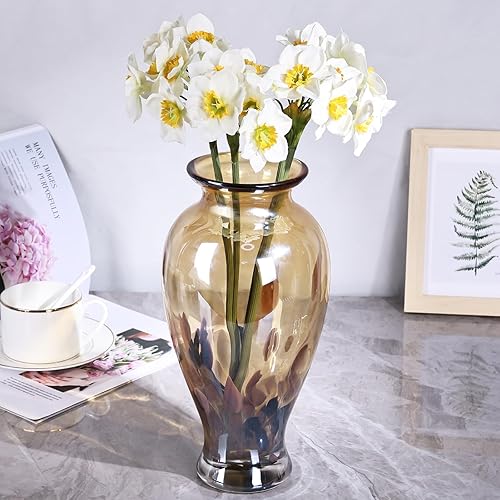 Miniatura 4 de Jarrón de vidrio soplado a mano de 11.8 pulgadas de alto, hermoso jarrón de capullo de boca ancha color ámbar dorado para centro de mesa, jarrones