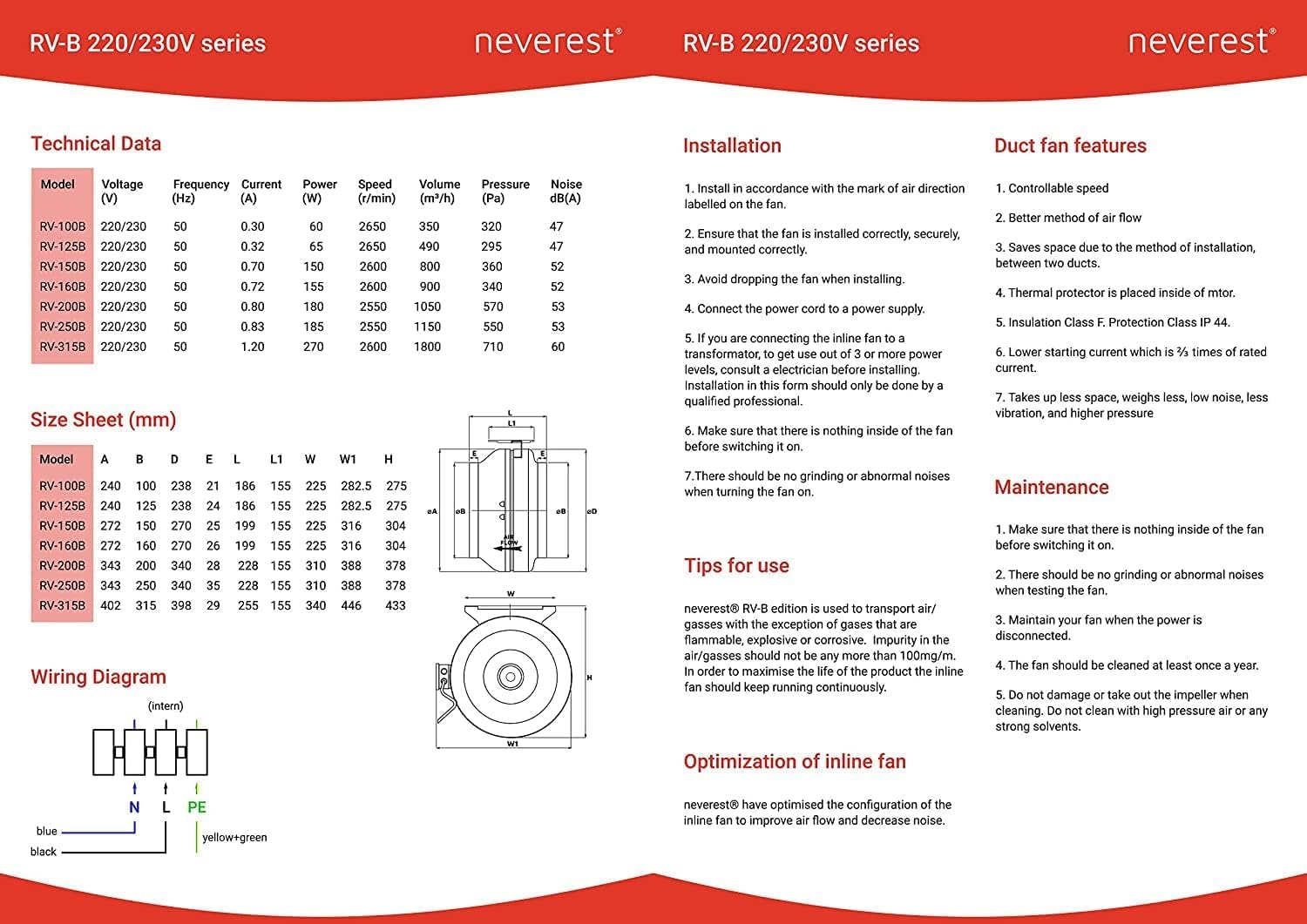 neverest® RV-B 100 mm Ventilatore Centrifugo in Linea Aspiratore Professionale Condotto Riscaldamento Raffreddamento 210 CFM, 300 pa, 2400 rpm, 42 dB (A) 70 W 0.65 A Min/Max.
