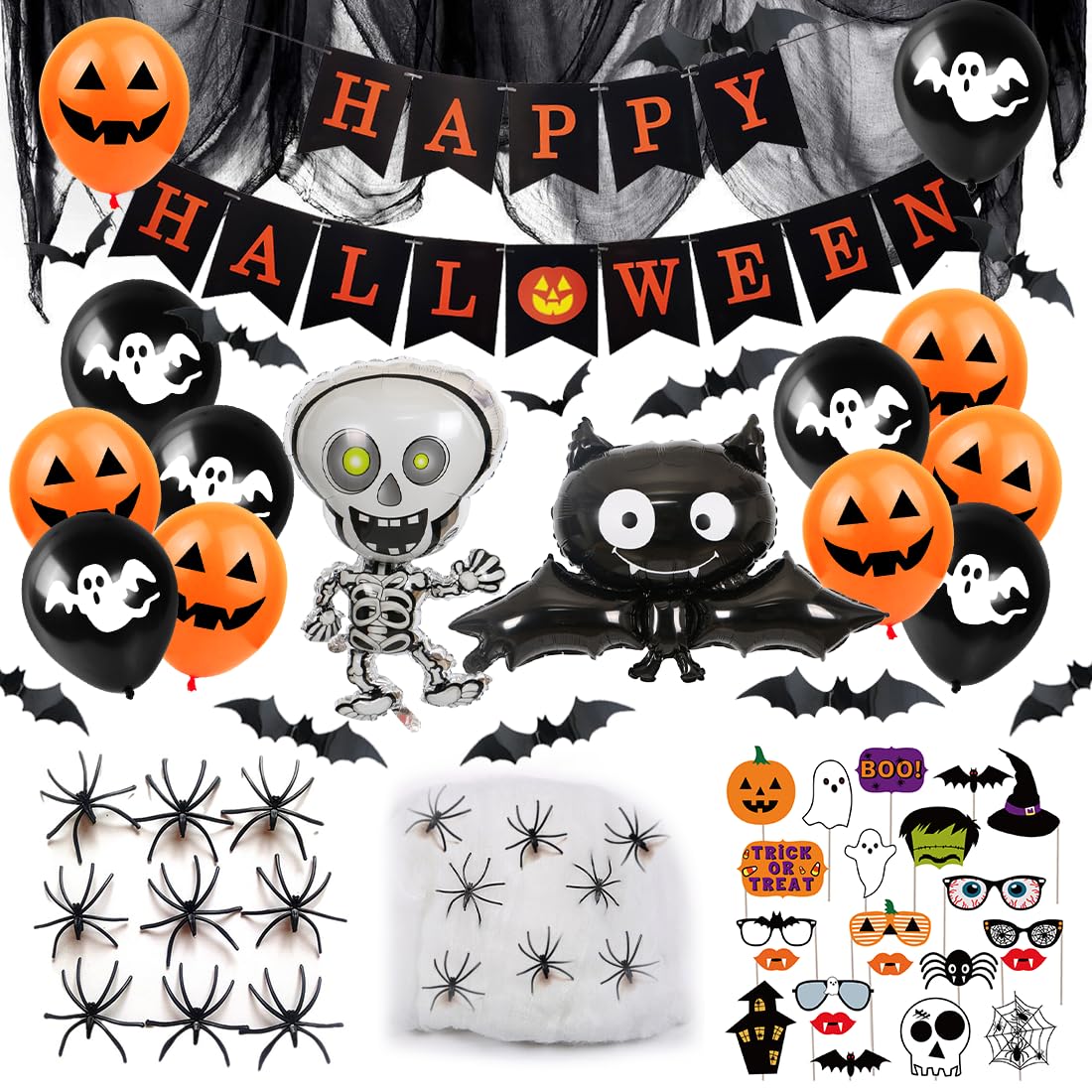 Halloween Decoracion Casa, Adornos Fiestas Halloween Miedo con Globos, Tela Negra, Telarañas, Arañas Falsos, Murciélagos 3D, Pancartas y Foto Props, para Interior, Exterior, Jardín
