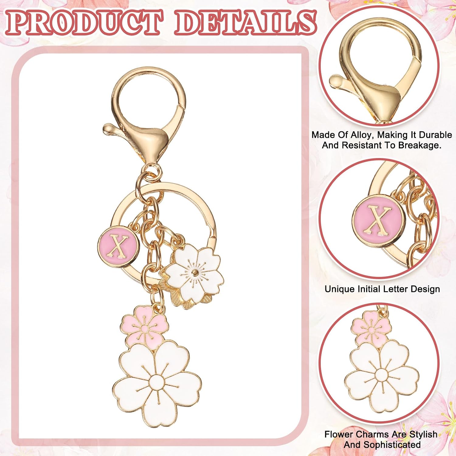 PATIKIL Initial Keychain, Flower Charm Letter Key Chain Cute Cherry Blossom Letter Keyring image 3