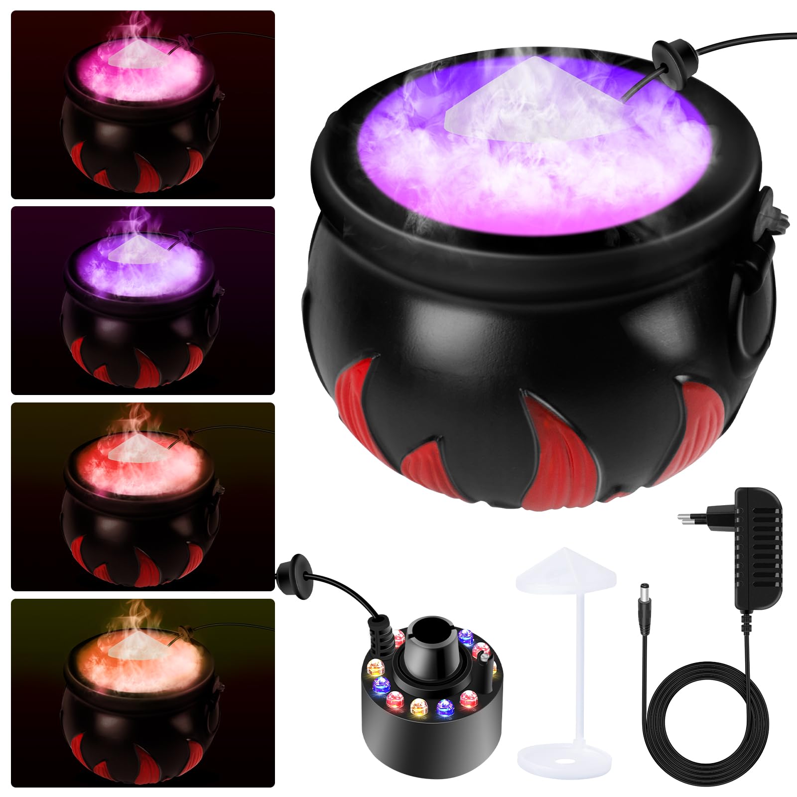 Calderone della Strega di Halloween con Creatore di Nebbia, Creatore di Nebbia di Halloween, Calderone delle Streghe Nere con 12 LED Cambia Colore per Interni, Fontana di Nebbia