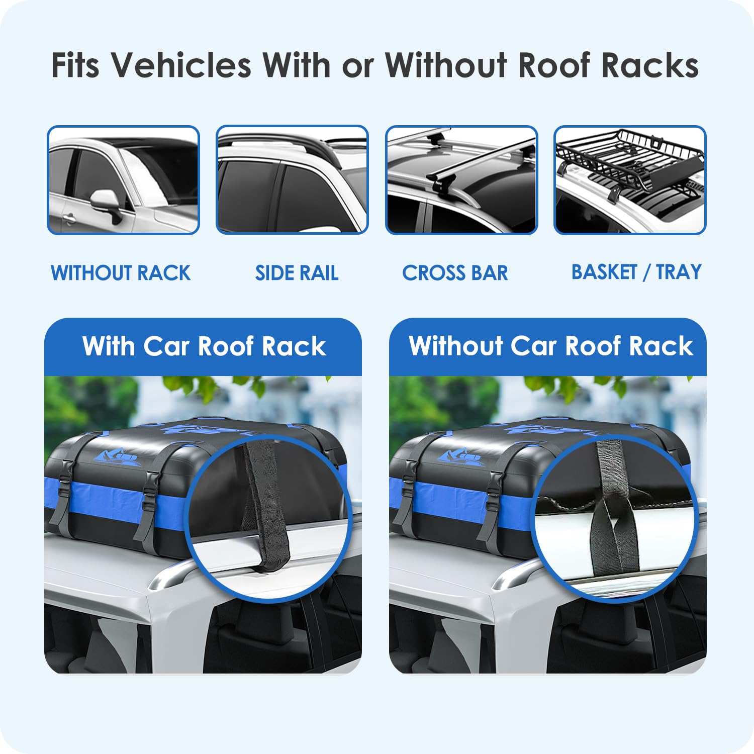 BATSUVCER Car Rooftop Cargo Carrier Bag 20 Cubic Feet, 100% Waterproof Heavy Duty Car Roof Bag for All Vehicle with/Without Racks - Anti-Slip Mat, 6 Door Hooks, Storage Bags, 5CM Straps(Blue) - 5