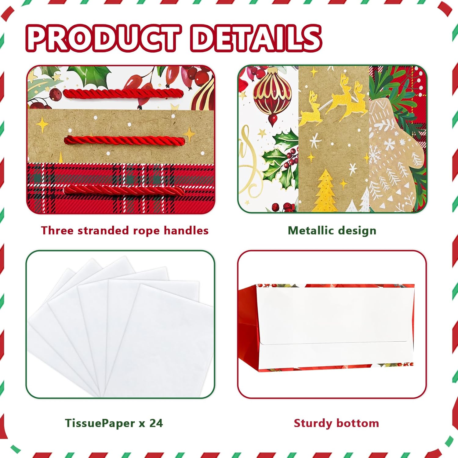 OFIHANLY 12 Pack Merry Christmas Gift Bags Assorted Sizes with Handles (4 Large, 4 Medium, 4 Small) for Xmas Holiday Presents Paper Wrapping Bags Bulk with Tissue Paper