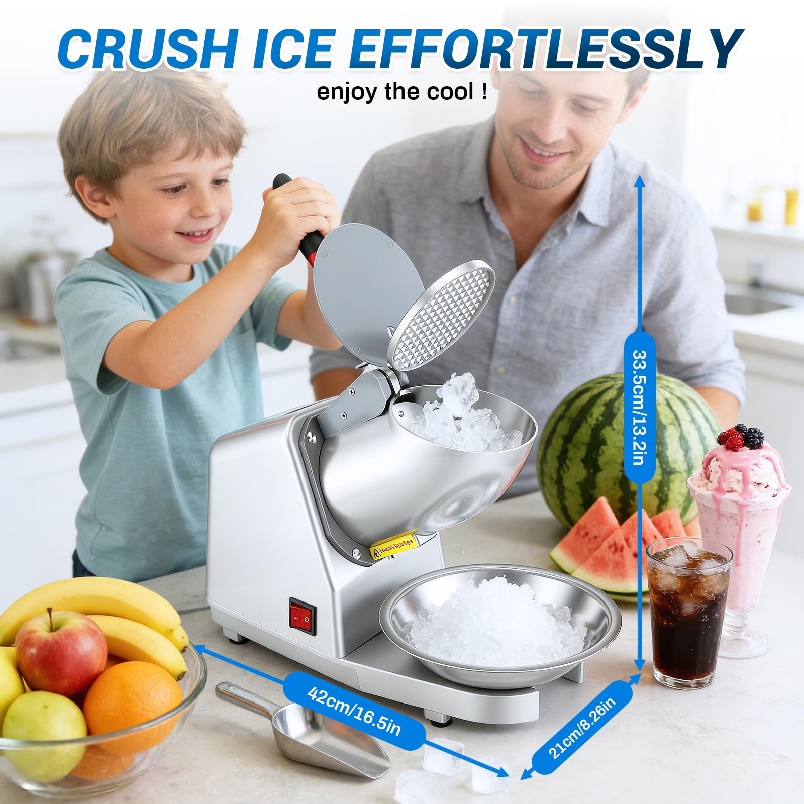 Elektrischer Eisrasierer, Edelstahl Eisbrecher 85kg/h mit 2 Klingen, Schüssel & Abdeckung, 300 W 2000 U/min Elektrisch Ice Crusher Machine für Smoothies, Cocktails, Silber