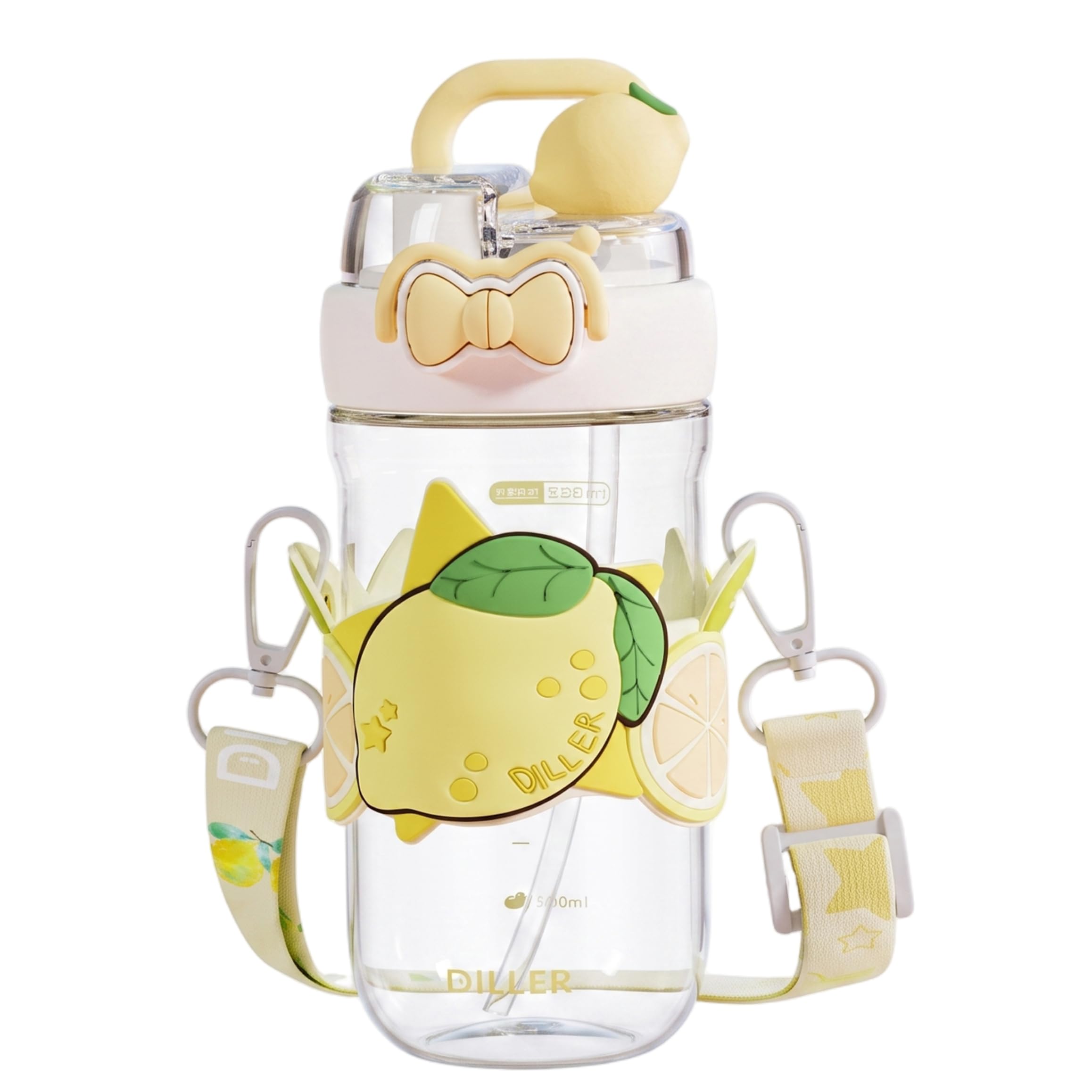 Comebachome Kids Water Bottles 580ml Kawaii Water Bottle with Dual Drinking Lid & Adjustable Strap Lemon Sleeve Cute Tumbler for School, Yellow, Utilisation d'été