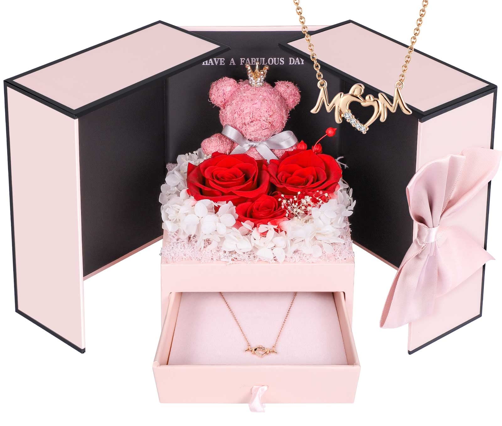 ADDWel Mom Birthday Gifts from Daughter or Son – Preserved Real Rose with Mom Necklace and Cute Moss Bear – Unique Rose Gifts for Women, Perfect for Mum, Mama, Mother on Birthday or Mother's Day