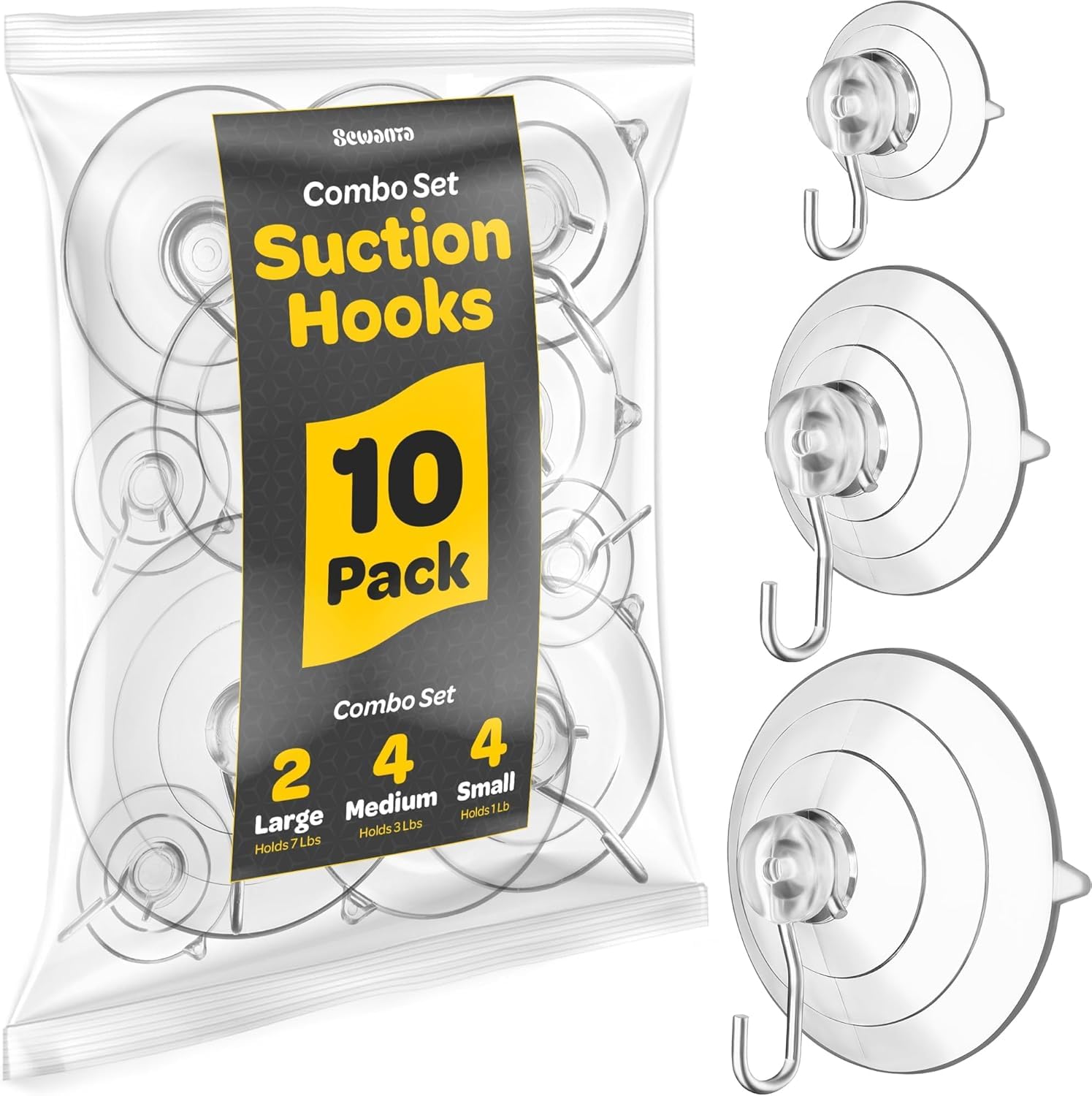 SEWANTA Ganci a ventosa multiuso [10PK Combo Set] potenti ventose per finestre con ganci da utilizzare per appendere su vetro, finestre, porte, specchi, piastrelle. Il set include: 2 grandi, 4 medi, 4
