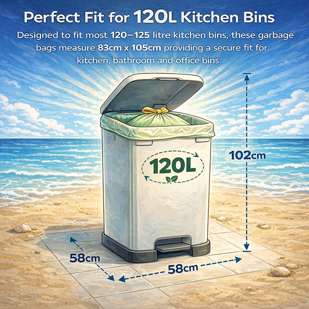 BioFlex - Sacchetti per la spazzatura con coulisse, resistenti, da 120 l, 40 sacchetti (4 rotoli), 45 μm di spessore, sacchetti per la spazzatura compostabili, extra forti a prova di perdite