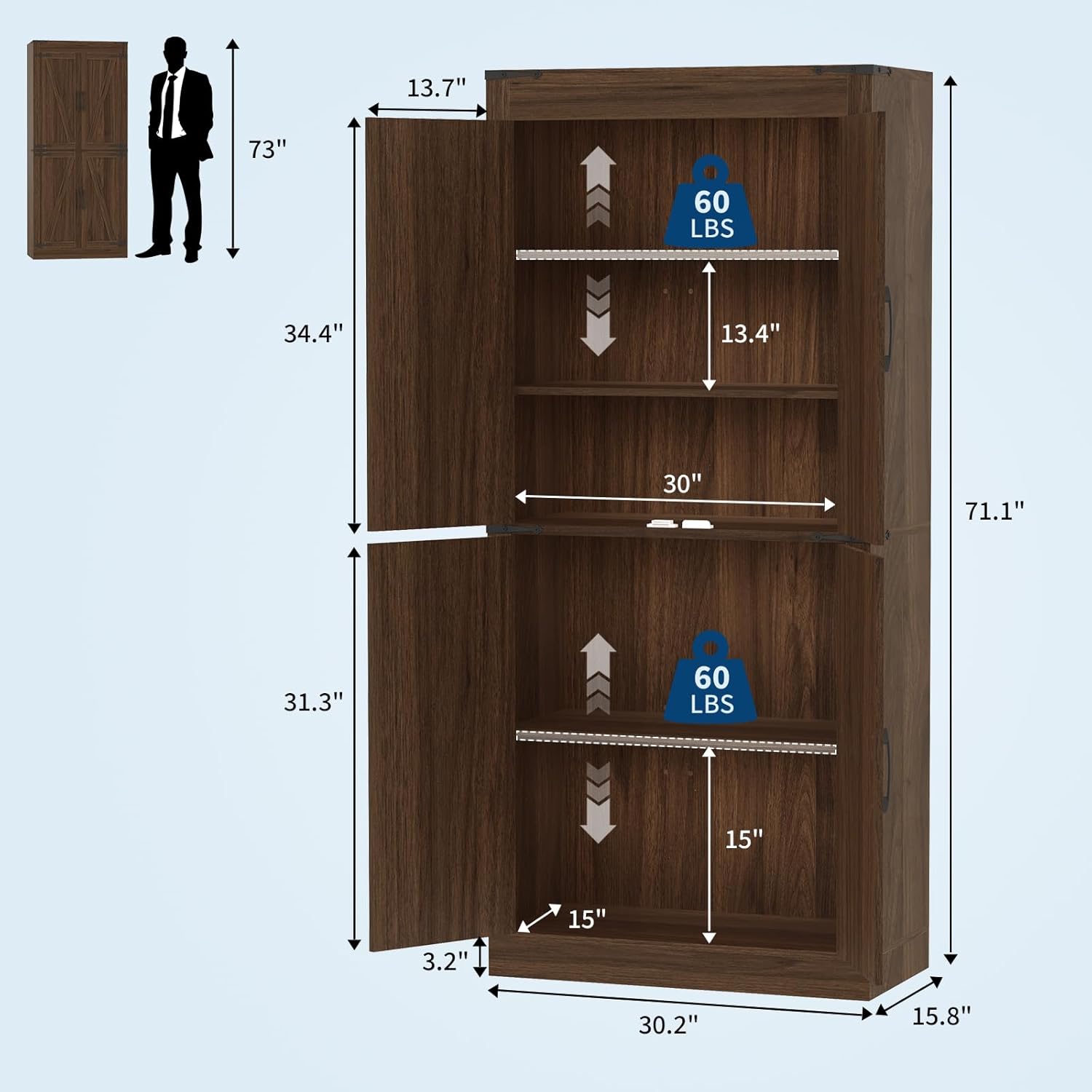 Diagram showing the dimensions of the GarveeHome cabinet and its internal adjustable shelves, with a person for scale.