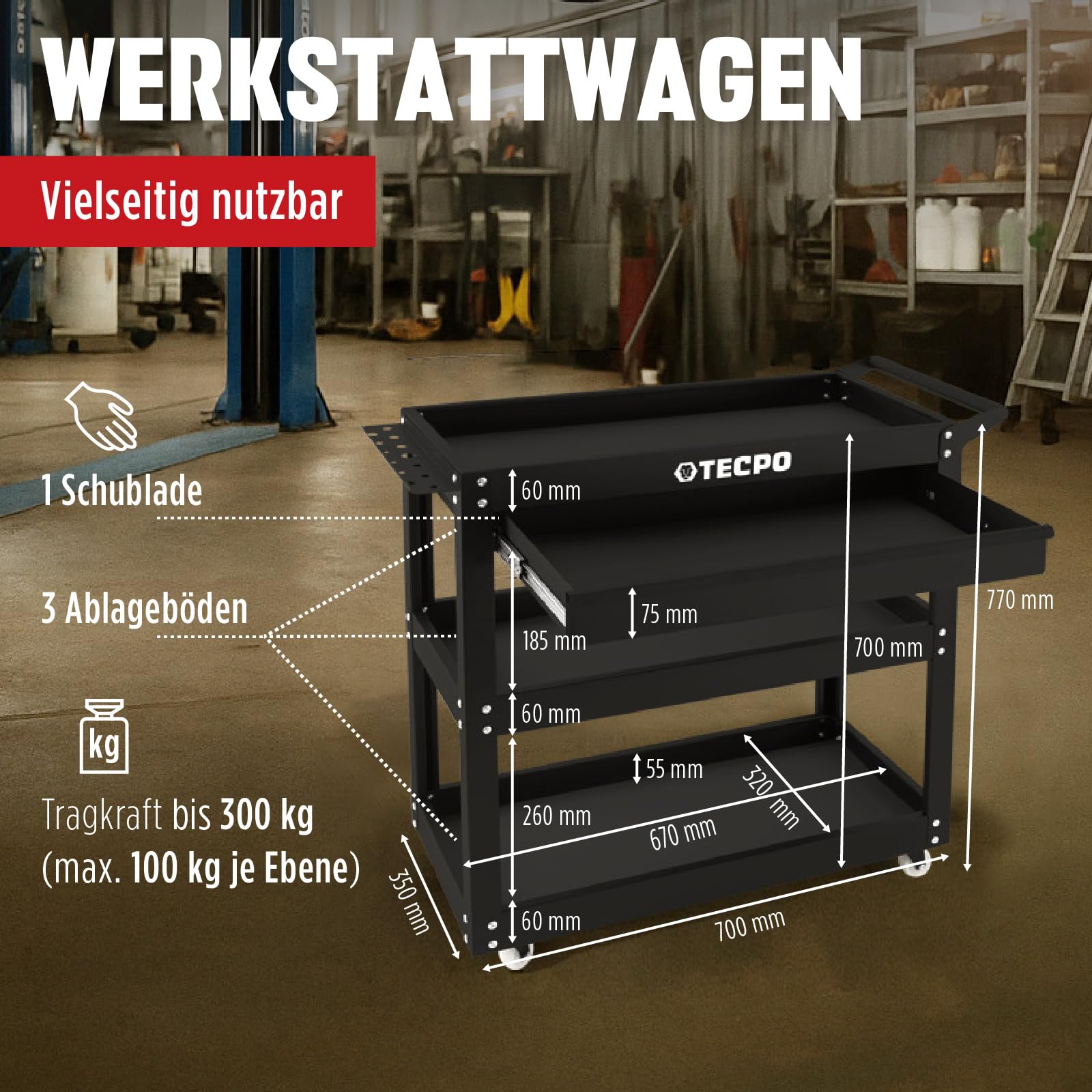TECPO Werkzeugwagen Rollwagen mit 3 Ladeflächen - inkl. vormontierter Schublade und Antirutschmatten als Schaumeinlage zum Schutz, 300 kg Tragkraft - geeignet als Transportwagen