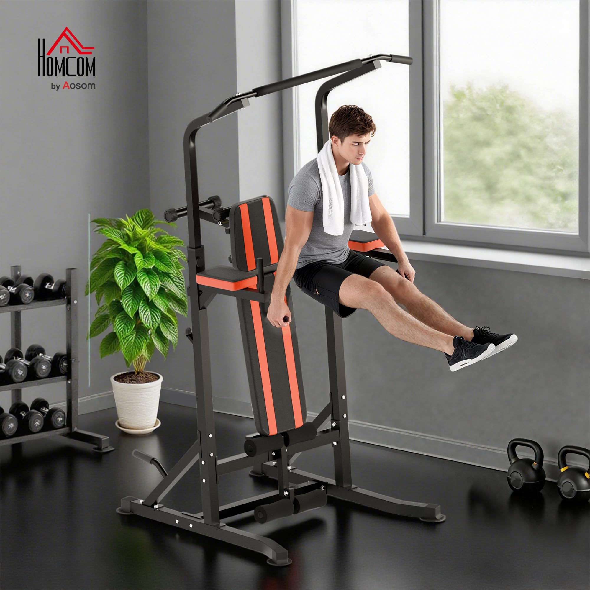 HOMCOM Power Tower Pieghevole, Stazione Fitness Multifunzione Regolabile in 7 Posizioni con Sbarra Trazioni, Dip Station, Pull UP Station e Panca Piana in Acciaio, per Home Gym Casa, Portata 150kg