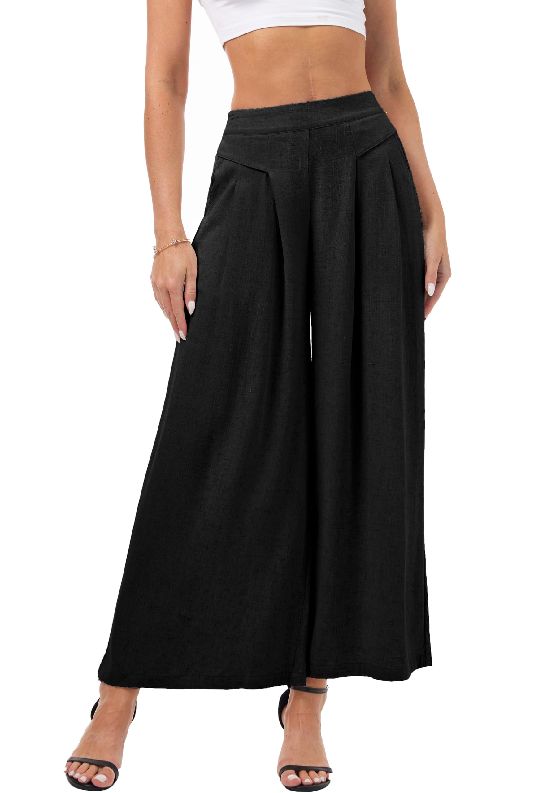 heipeiwa Women s Culottes Linen Pants Summer Casual Flowy Beach Cotton Linen Wide Leg Palazzo Pants