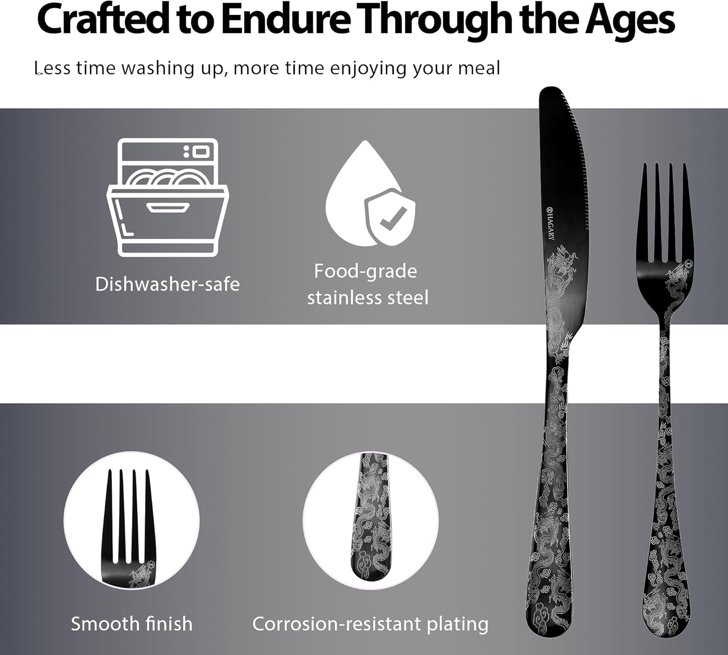 Hagary Dragon Cutlery Set 20 Pieces Stainless Steel Flatware Set Service for 4 Utensils For Home Kitchen Wedding Laser Engraved Dishwasher Safe Black