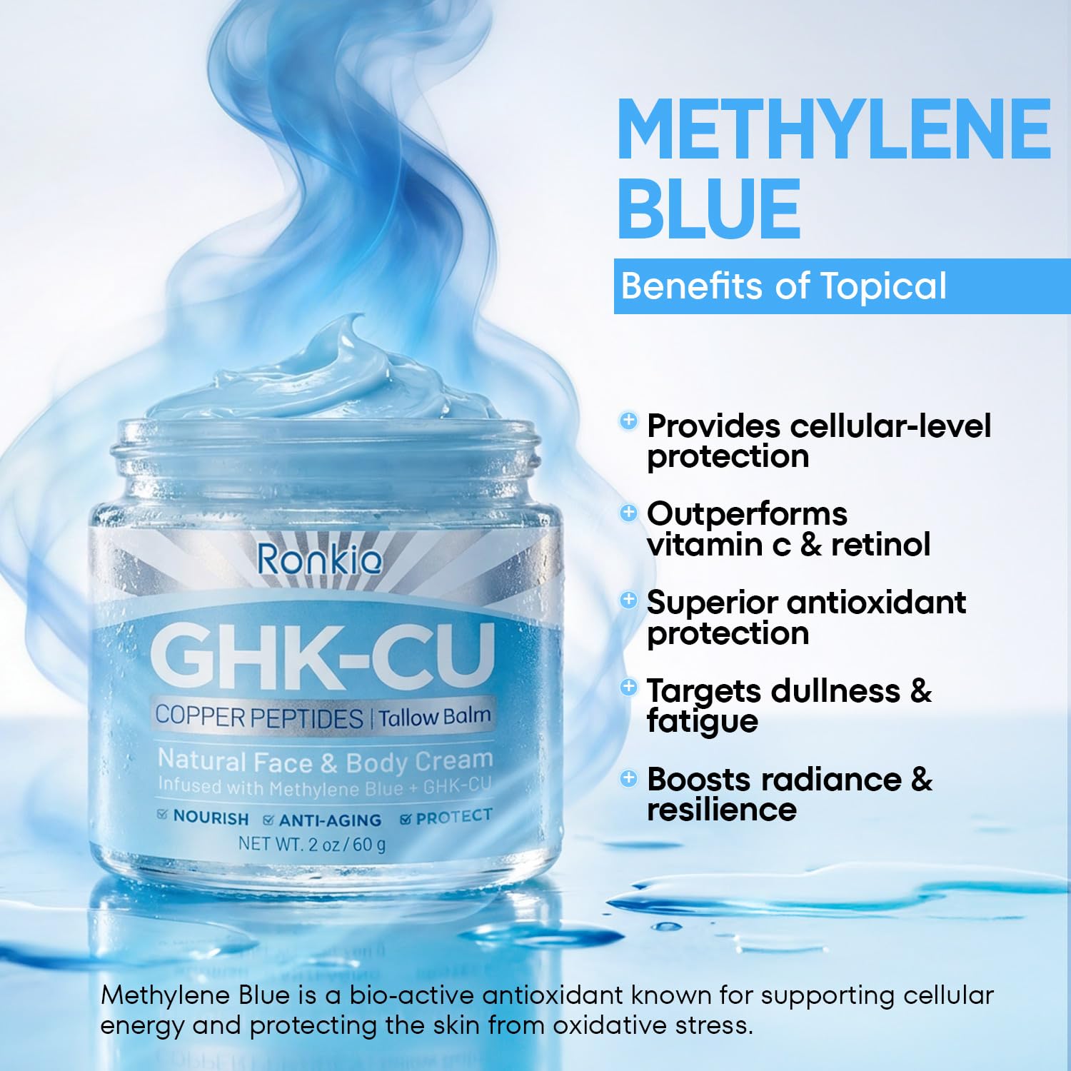 RONKIE GHK-Cu Peptide Cream for Face: Blue Beef Tallow Moisturizer with Copper Peptides Methylene Blue Gentle and Safe for Dry Sensitive Mature Skin 2 OZ Beauty