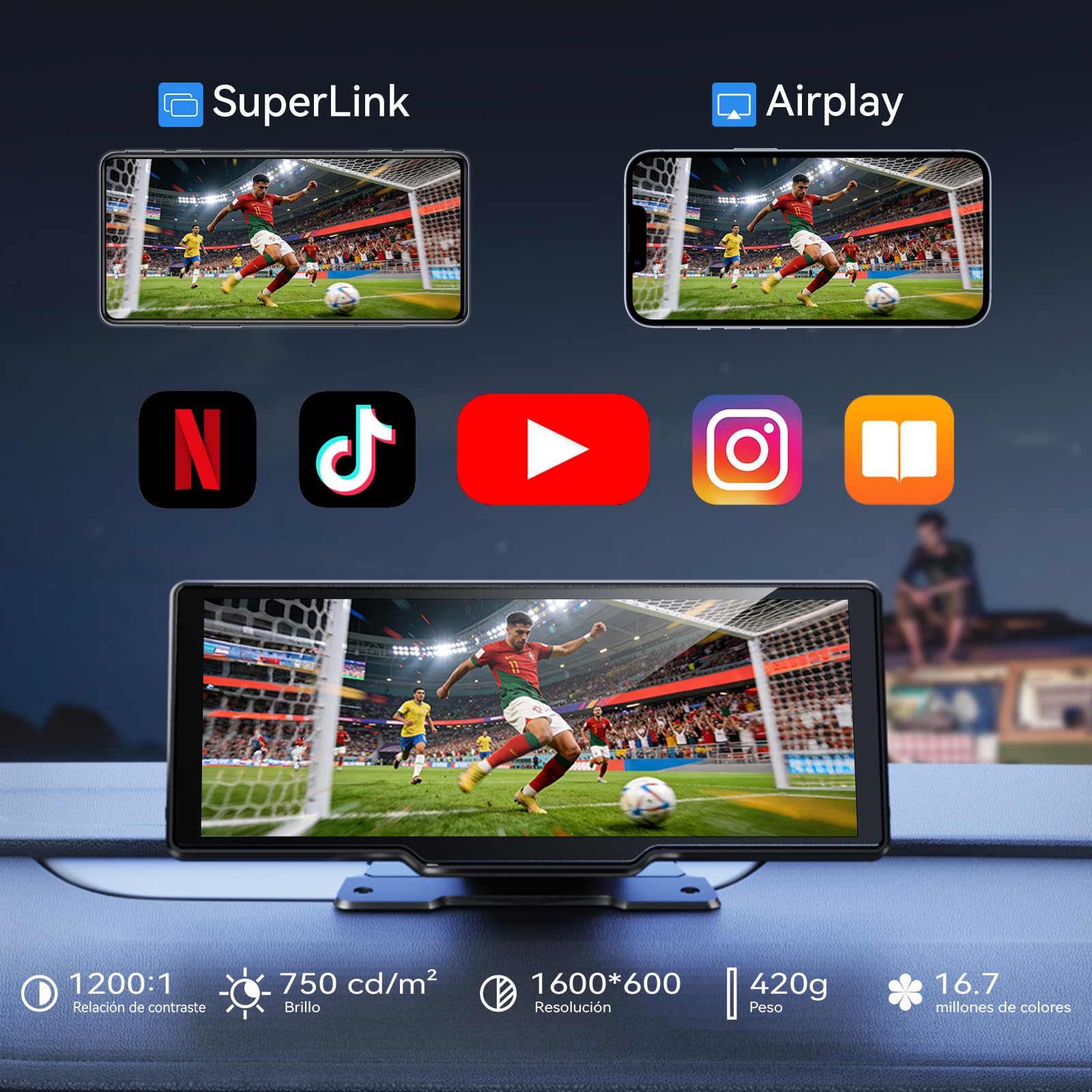 Pantalla Carplay Coche para A-pple & Android Auto, 10,26" Carplay Coche con Pantalla táctil, Cámara Trasera 1080p, OTA-Updates, Bluetooth, GPS, Super Link, FM, AUX, Siri de Voz