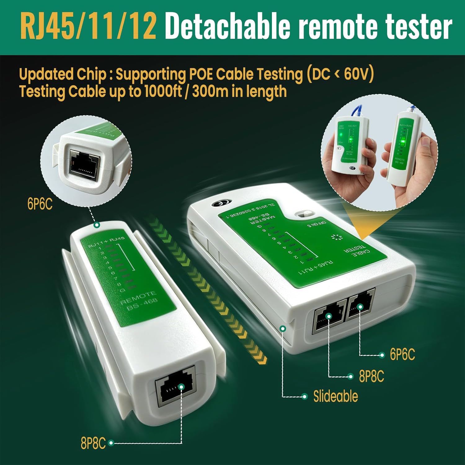 RJ45 Crimp Tool Pass Through Kit, All-in-One Ethernet Crimper Cat7 Cat6 Cat5 Crimping Tool for RJ11/RJ12 6P/8P with Network Cable Tester