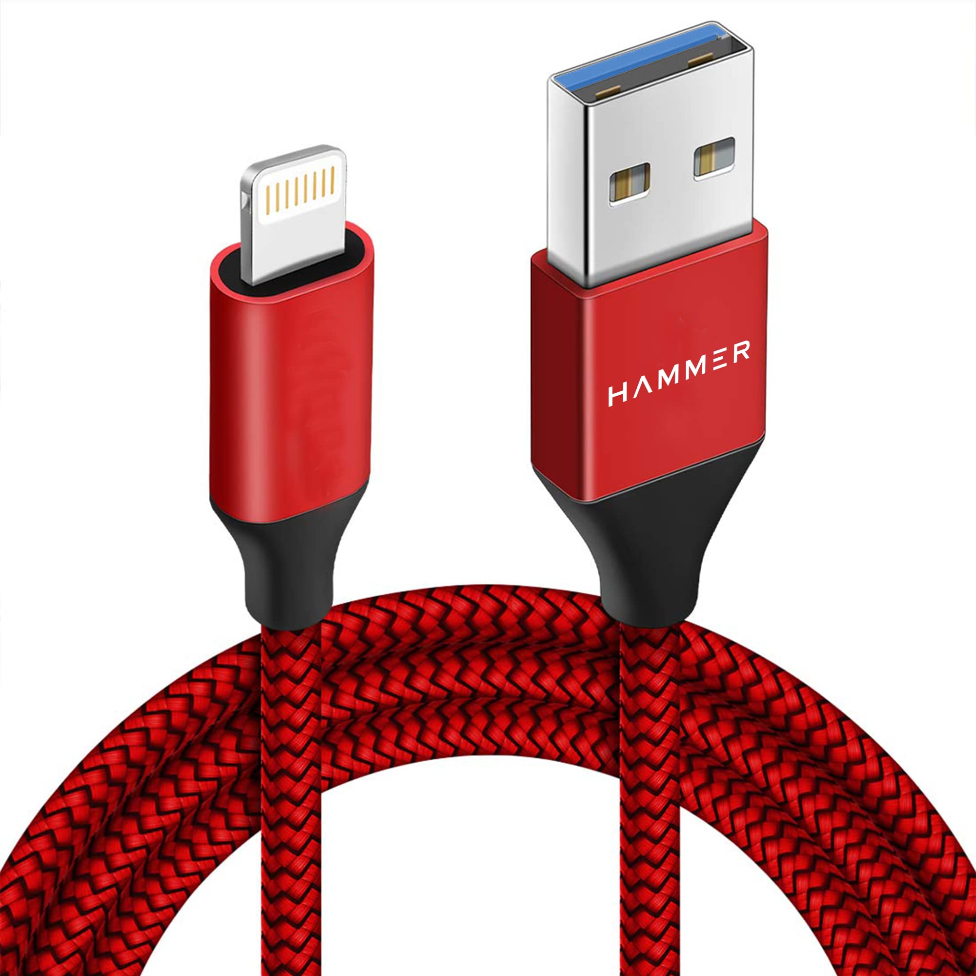 HAMMER Nylon Braided Fast Charging and Data Sync Cable Compatible for iPhone 13, 12,11, X, 8, 7, 6, 5, iPad Air, Pro, Mini (Pack of 1, Red) (B0BBG3N64V) Amazon Price History, Amazon Price Tracker