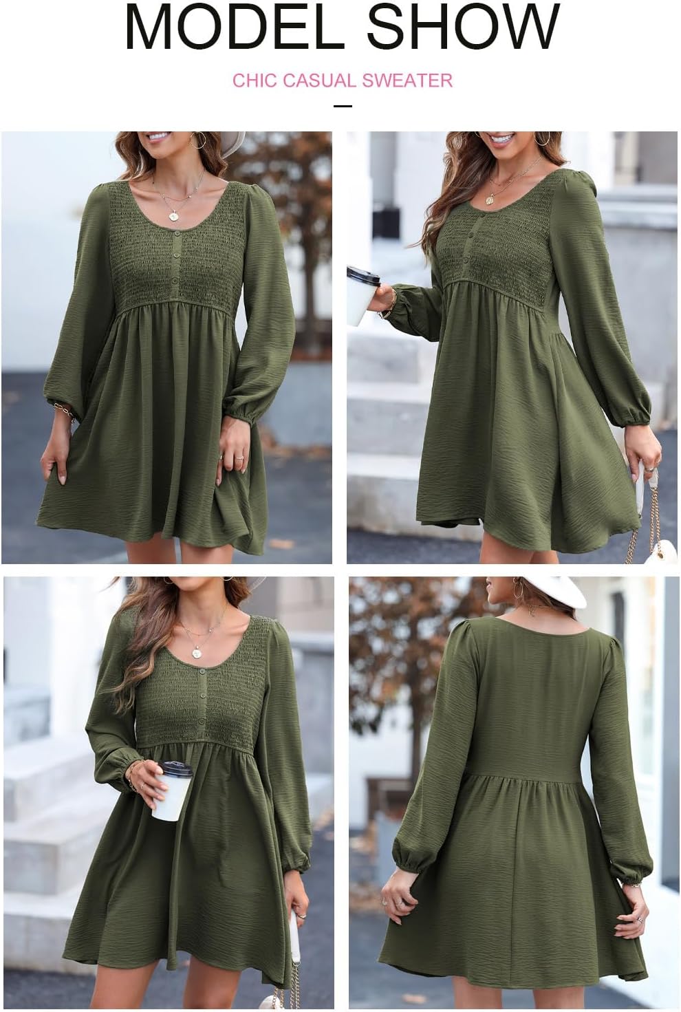 BLENCOT Womens Casual Dresses 2025 Long Sleeve Smocked Button Down Empire Waist A-Line Swing Mini Dress - Image 4