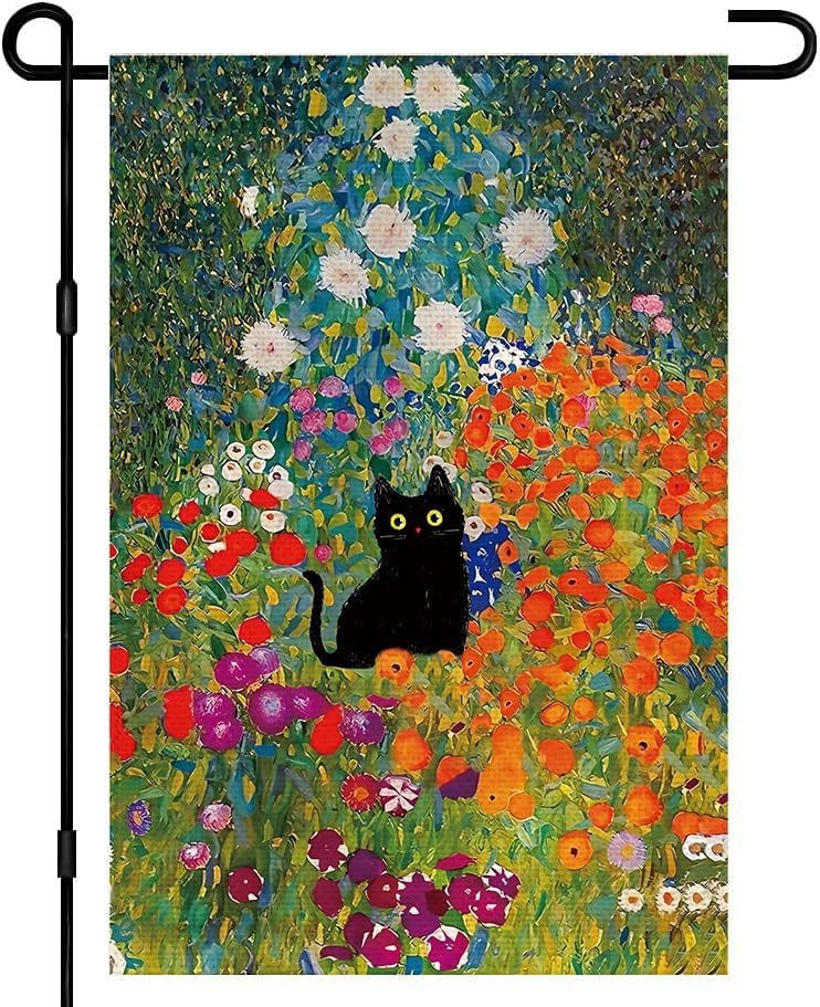 Spring Summer Floral Garden Flag 12x18 Inch Double Sided Outside, Black Cat Welcome Seasonal Yard Outdoor Flag