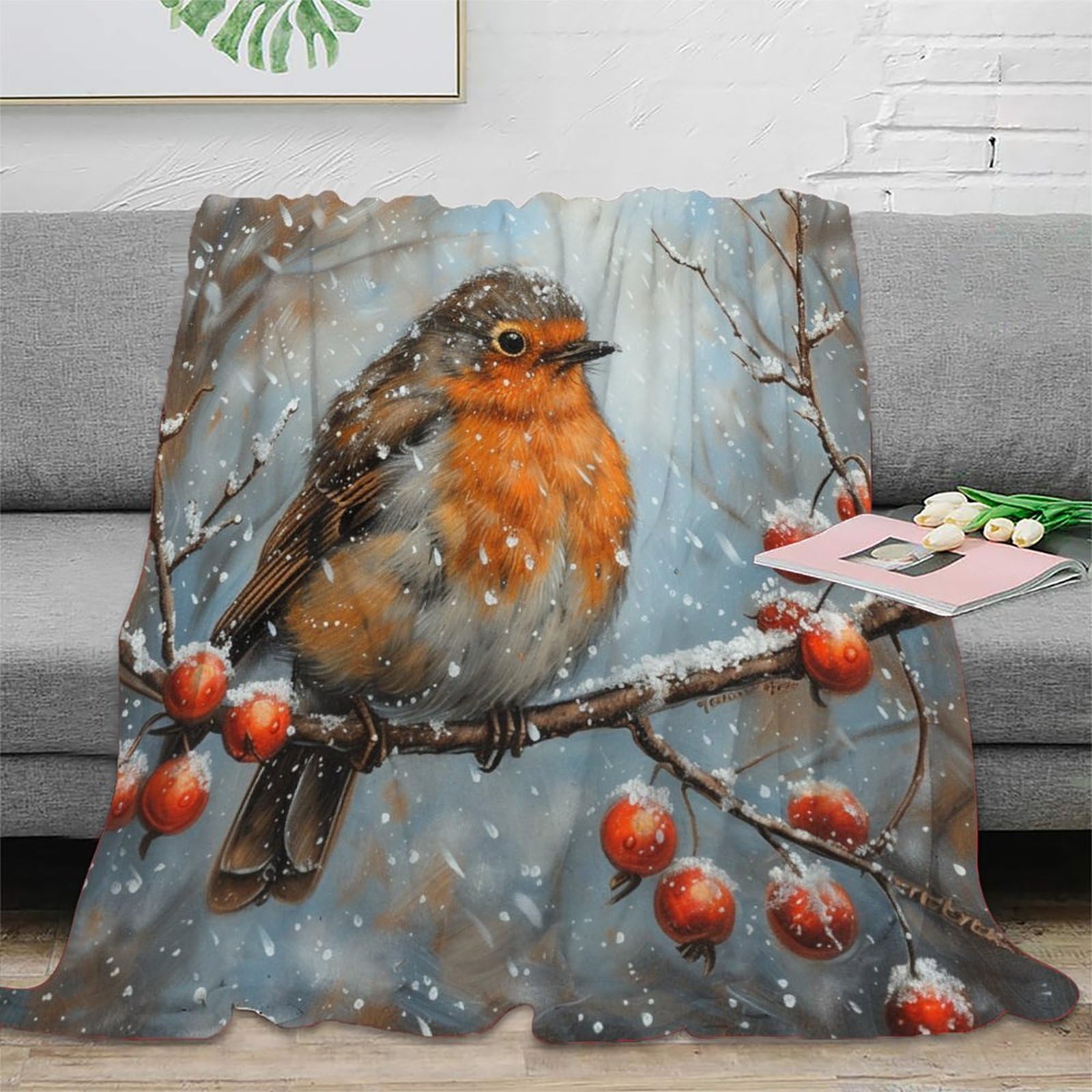 Spacesk Robin 3D Printed Pattern Flannel Blanket Cover Microfiber Lightweight Cozy Plush Blanket Throw For Kids And Adults For Bedroom Living Rooms Sofa Couch 50X60inch(127X152cm)