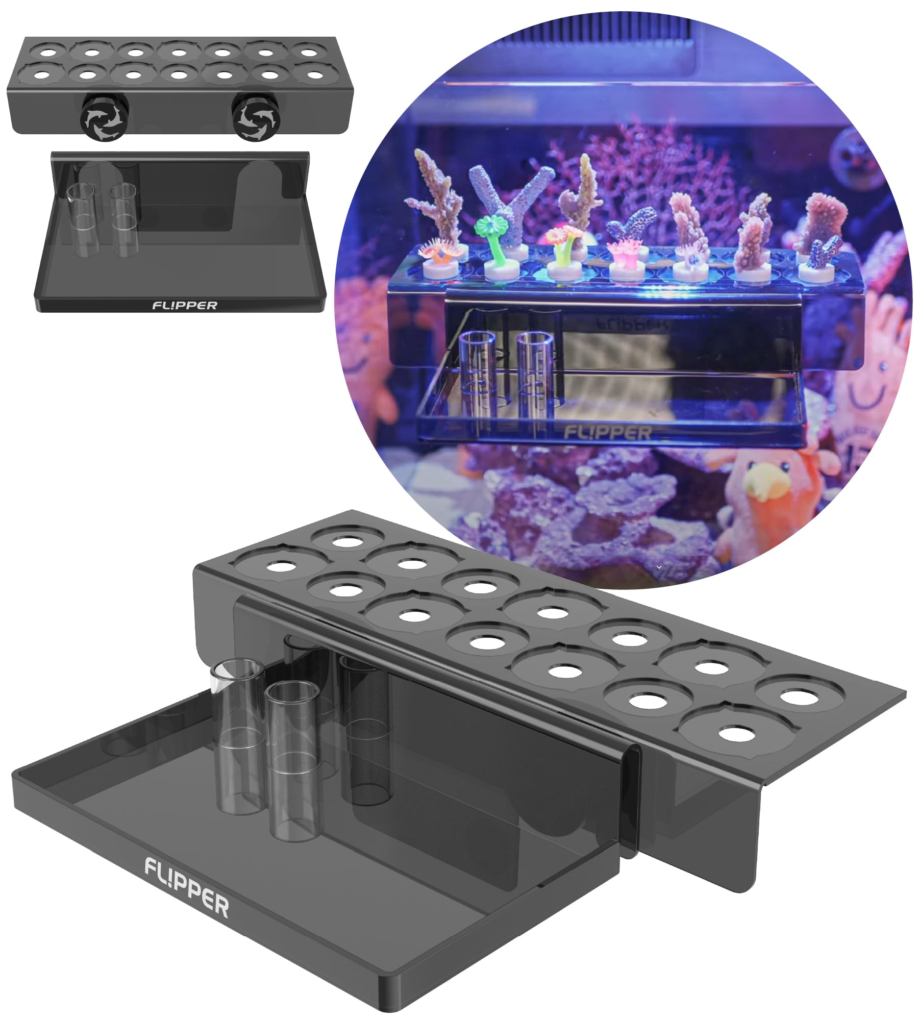 Flipper Magnetic Frag Station Aquarium Rack with Removeable Shelf for Aquatic Coral Reefs - Holds 14 Frags - Black