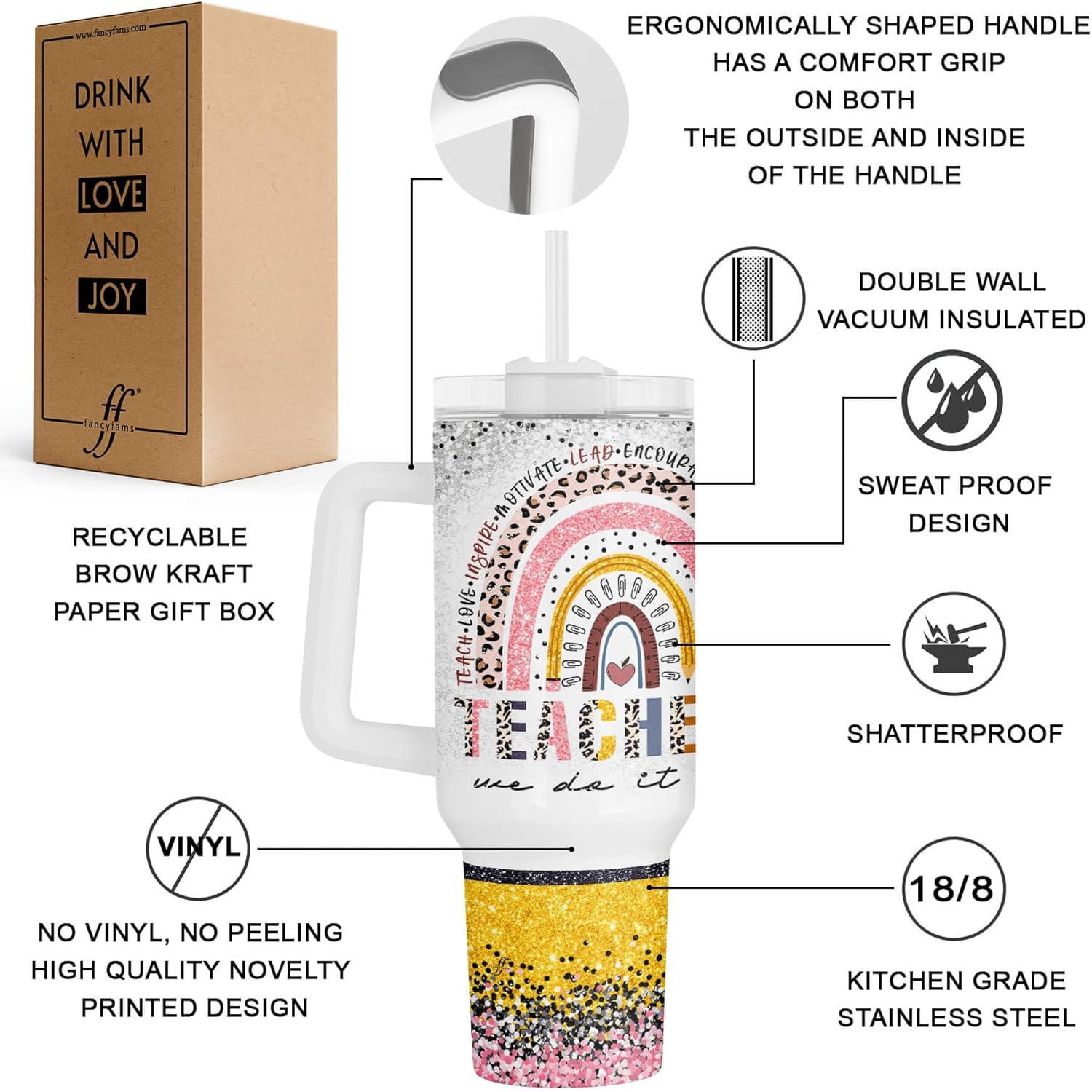 Fancyfams 40 oz Stainless Steel Travel Tumbler with Handle Lid and Straw, Teacher Gifts for Women from Students on Birthday Appreciation Week Cool Funny Drinking Mug Cup (Teachers-40oz) - Image 3