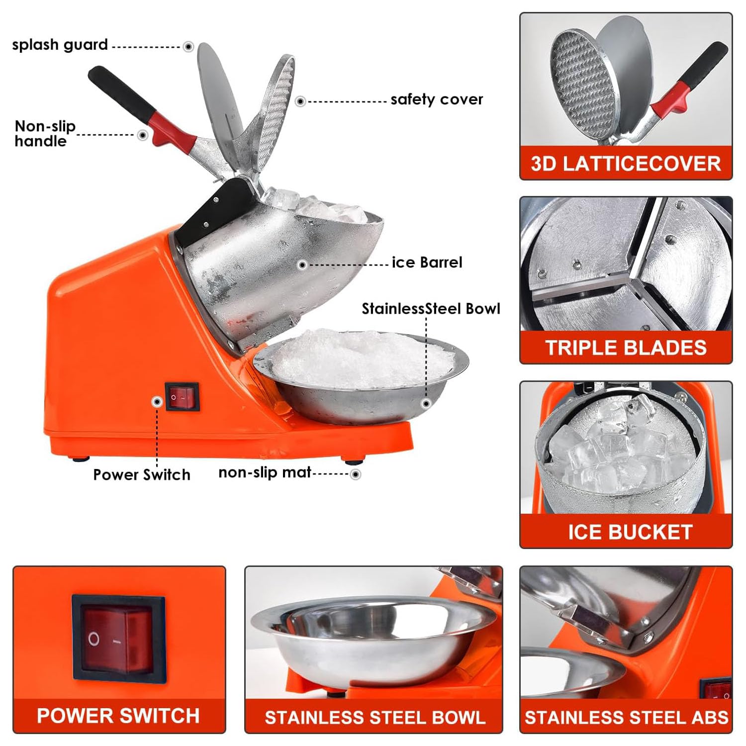Trituradora de hielo eléctrica, máquina de cono de nieve de acero inoxidable para golosinas congeladas, cócteles, batidos, cuchillas dobles