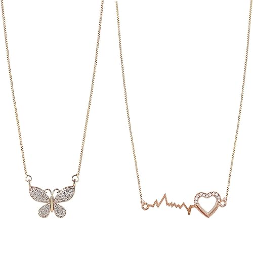 Brado Jewellery Gold Plated Combo Of 2 Butterfly And Heart Beat Love Pendant Chain necklace For Women and Girls