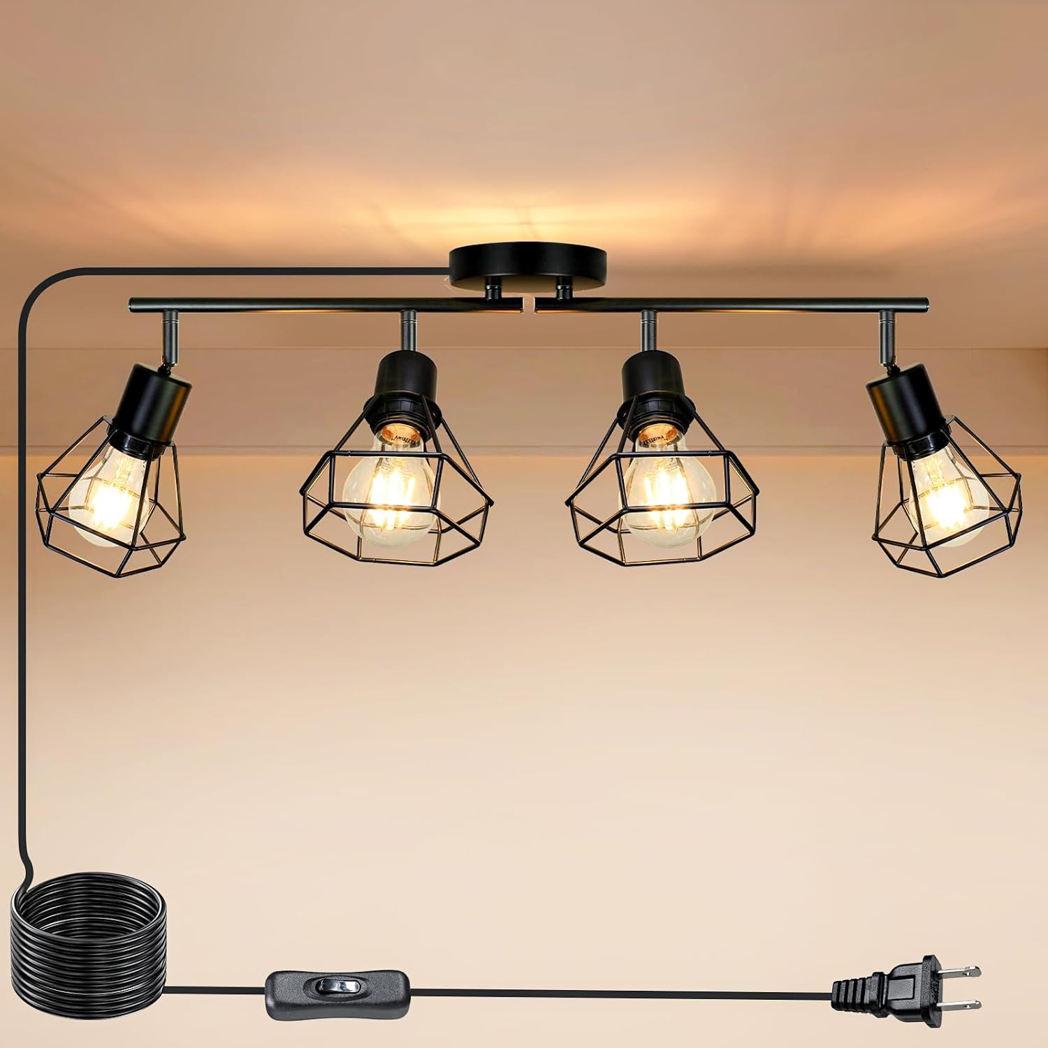 HiBay Plug in Track Lighting Fixtures Ceiling, Adjustable 4-Light Track Light Black, Directional Modern Ceiling Spotlight E26 with 16.4ft Cord & in-Line On/Off Switch for Kitchen Living Room Dorm