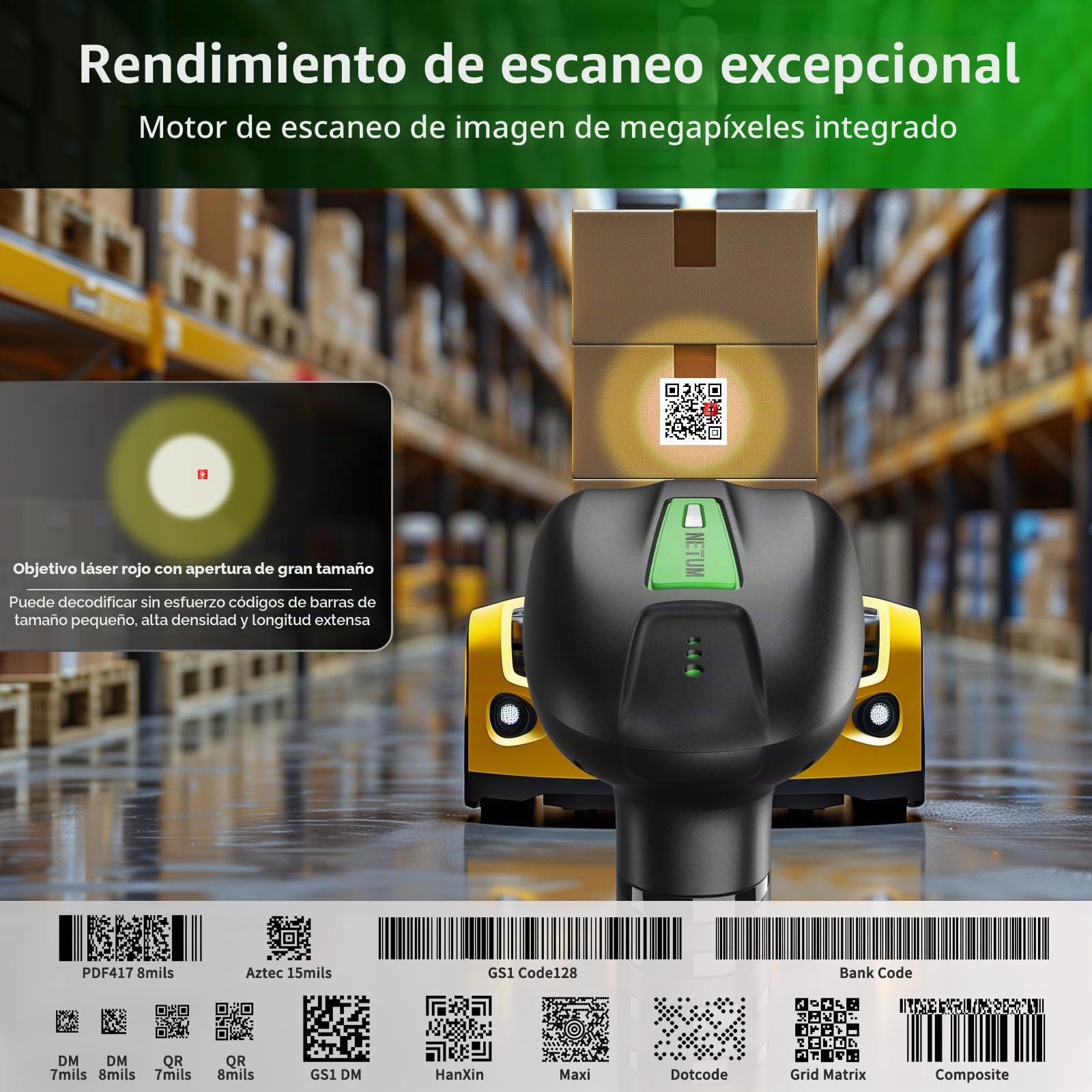 NETUM Escáner de Código de Barras Industrial 2D QR Bluetooth con Base de Carga Lector Inalámbrico 2D 1D Batería 2600mAh Resistente al Polvo Auto-Sense Scanning Windows Mac Android iOS NT-1950