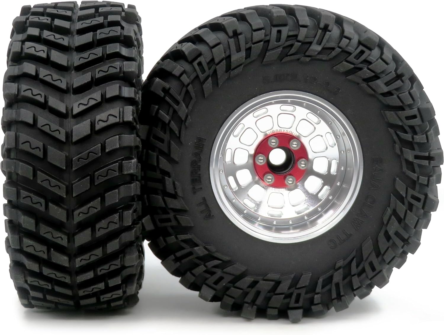 HOBBYSOUL RC 2.2 Beadlock Wheels and Tires, Tall 5.0''/127mm Tires 2.2 Tyres & Adjustable Offset 2.2 Wheels Rims Silver for RC Mud Crawler Trail Gen8 Everest 10 Axial Capra Wraith, (4-Pack)
