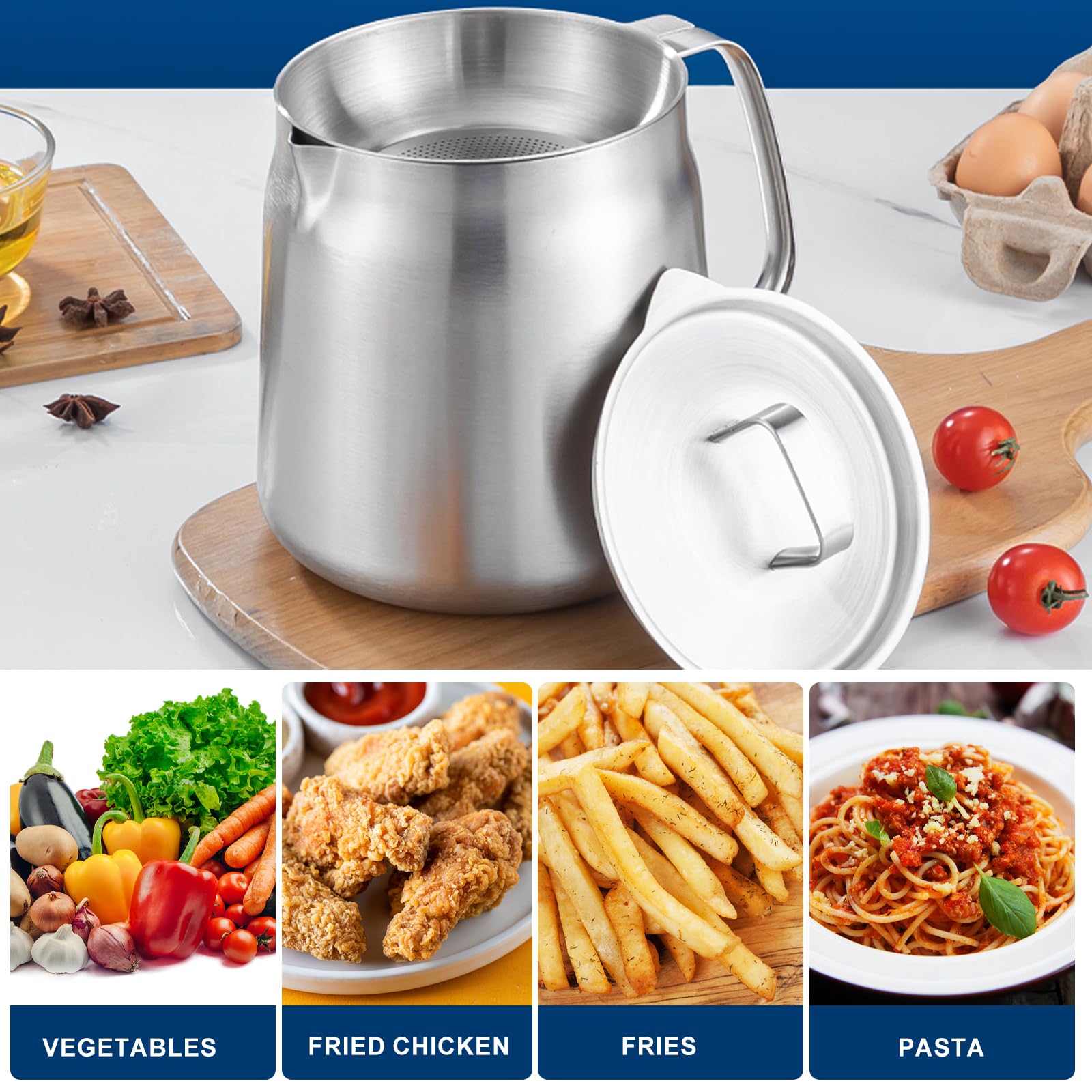 Friggitrice con cestello e filtraggio dell'olio, in acciaio inossidabile 304, 2 l, risparmio di grasso per pancetta con colino, pentola per friggitrice con cestello, contenitore per grasso per