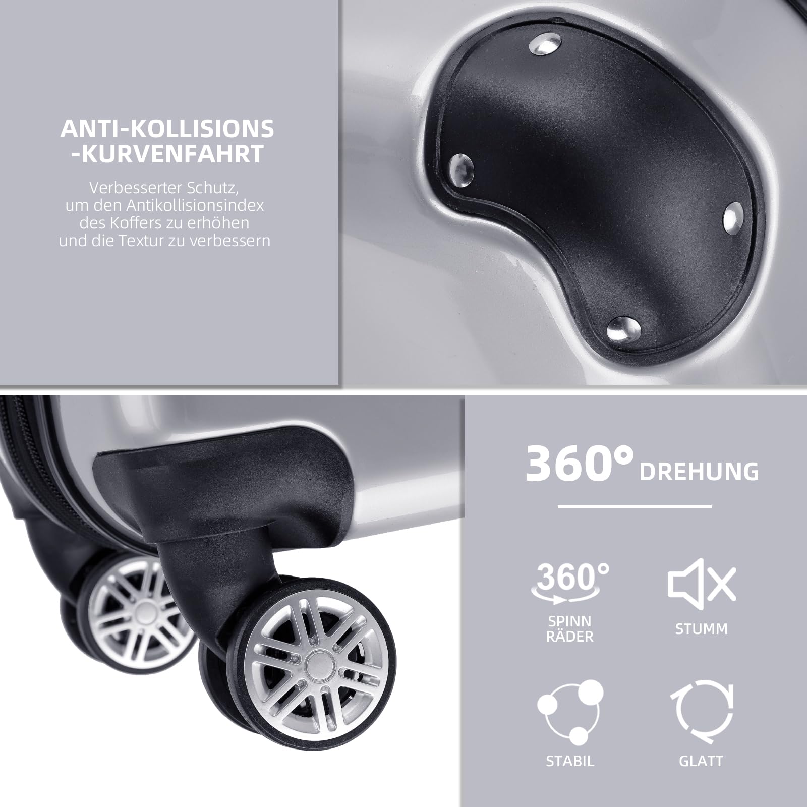BEIBYE Zwillingsrollen 2048 Hartschale Trolley Koffer Reisekoffer Gepäck M-L-XL-Set Silber XL