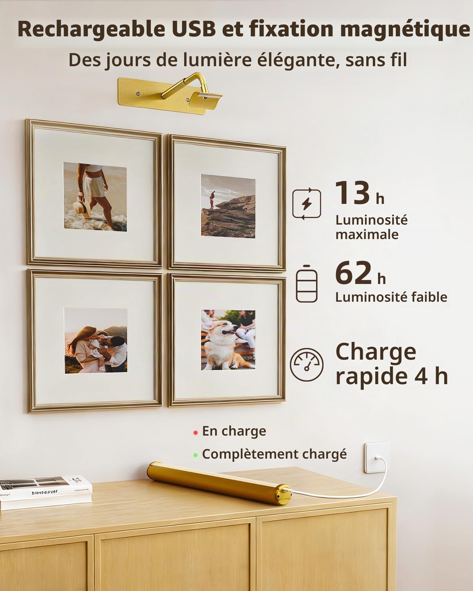 EZVALO Applique Murale pour Tableaux, Éclairages Murales à Batterie Rechargeable, 3 Températures de Couleur et Intensité Réglable, Télécommande, Minuterie, Lampe LED pour Peintures et Photos