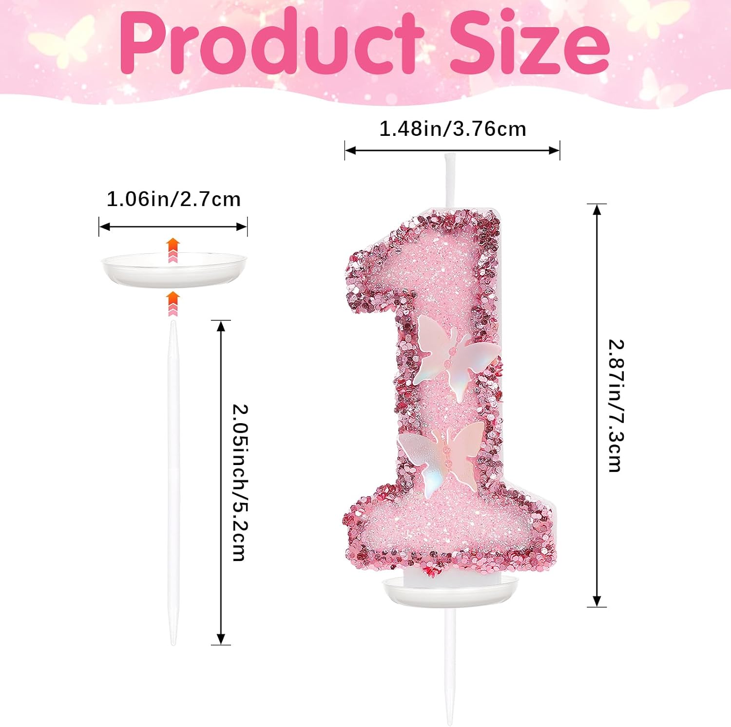 Pink Butterfly Number 1 Birthday Candle, Glitter Sequins Candle Cake Topper, Cupcake Decorations for Anniversary Celebrations Party Supplies